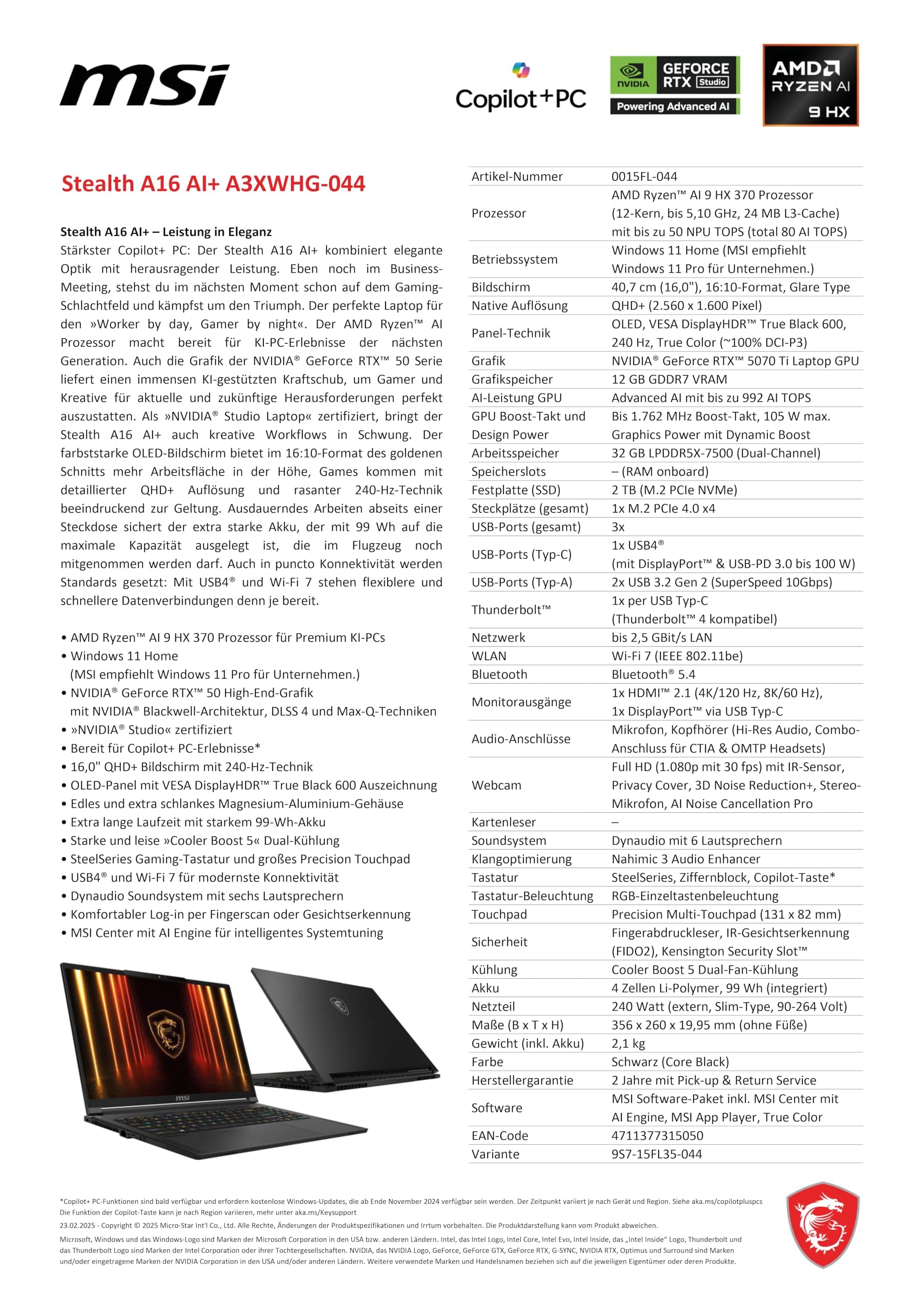 MSI Stealth A16 AI+ Gaming-Laptop, 16" QHD+ 240 Hz OLED Display, AMD Ryzen™ AI 9 HX 370, NVIDIA GeForce RTX 5070 Ti, 32 GB LPDDR5X, 2 TB SSD, Windows 11 Home, QWERTZ Tastatur, A3XWHG-044 AMD Ryzen™ AI 9 HX 370 Processor RTX5070TI Bild 5