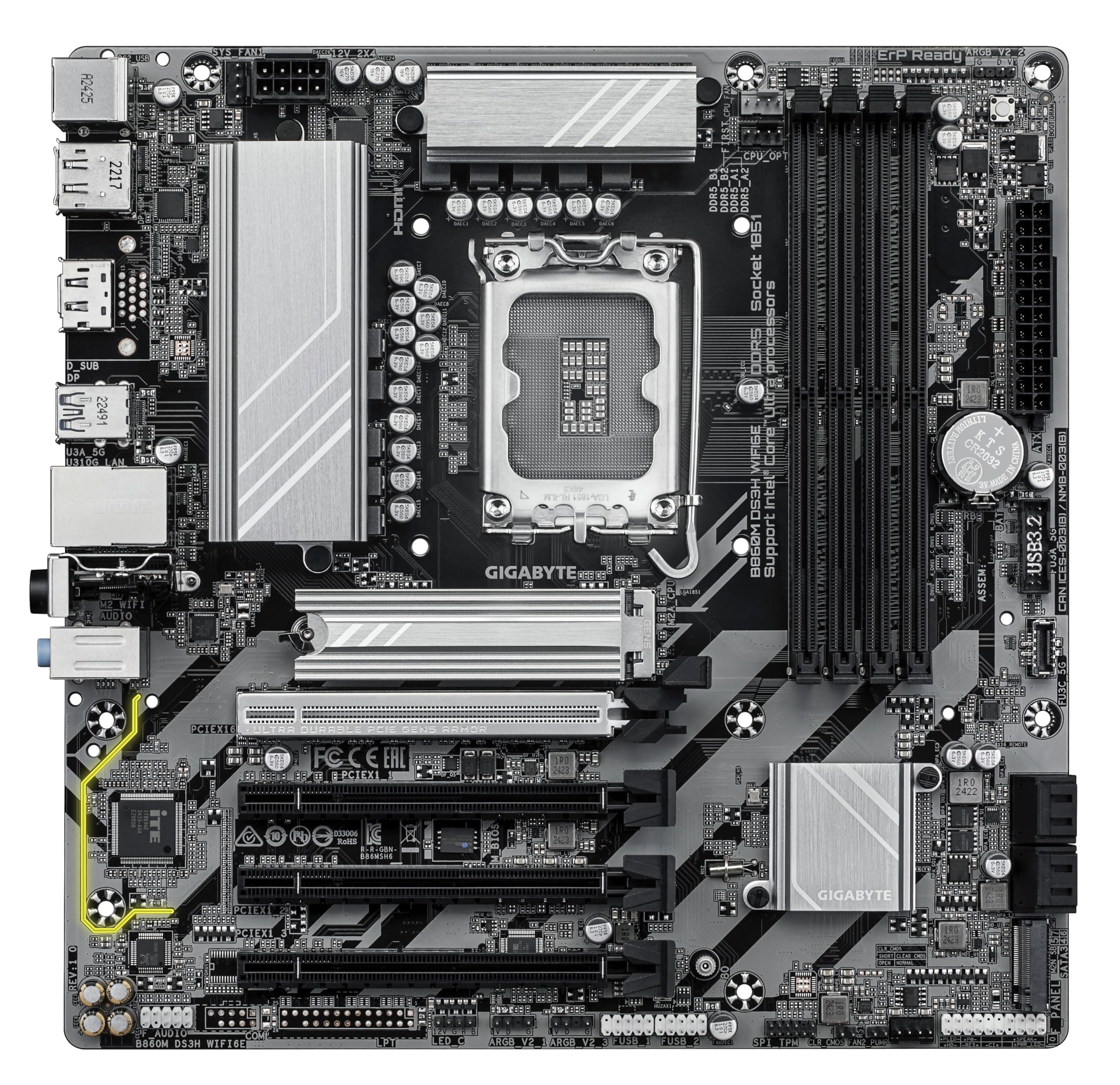 GIGABYTE B860M DS3H WIFI6E Mainboard - Intel Core Ultra CPUs, 5+1+2+1 Phasen VRM, bis zu 9066MHz DDR5, 1xPCIe 5.0 + 1xPCIe 4.0 M.2, 2,5 GbE LAN, WiFi 6E, USB 3.2 Gen 2 Bild 3
