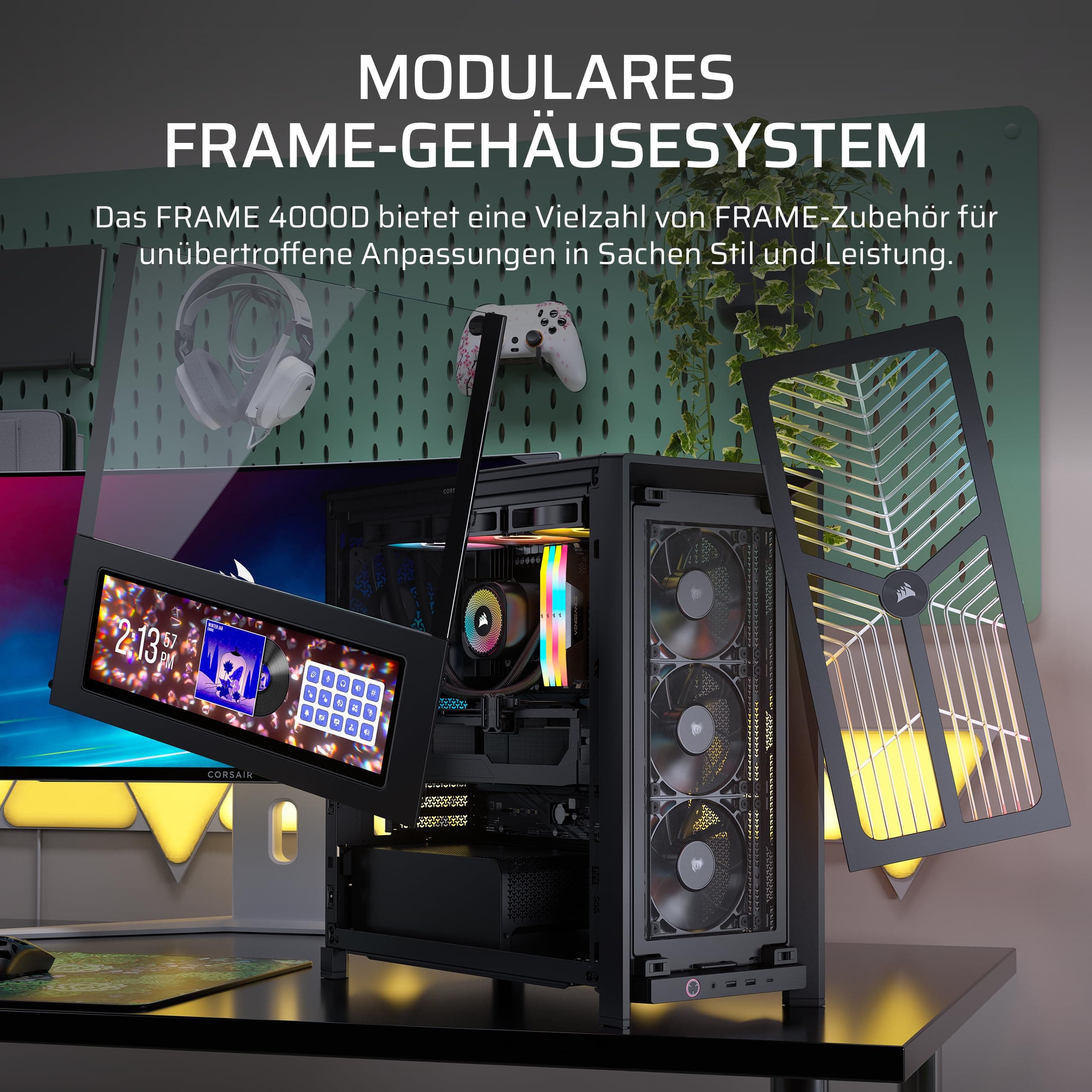 CORSAIR Frame 4000D Wood RS Mid-Tower-ATX-PC-Gehäuse – Schwarz & Walnuss | Modulares, Holzfrontpanel, 4x RS120 PWM-Lüfter Enthalten, InfiniRail-Lüfterhalterungssystem, GPU-Anti-Sag-Stabilisierungsarm Bild 6