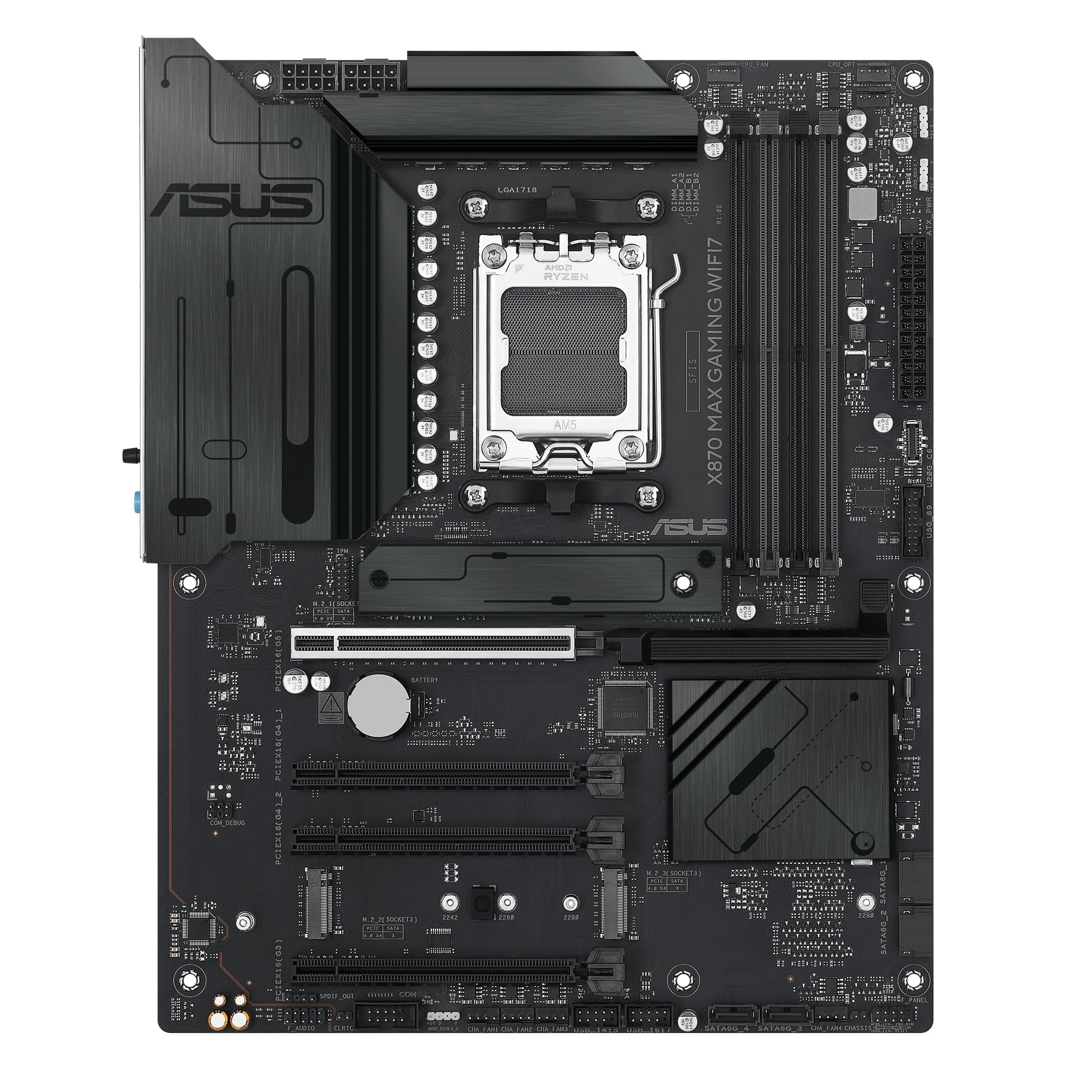 ASUS X870 MAX Gaming WIFI7 AMD AM5 ATX Motherboard, 12+2+1 80A DrMOS, DDR5, PCIe 5.0 x16 Q-Release, 3X M.2, Wi-Fi 7 Q-Antenne, 2,5 GB LAN, USB4® Type-C®, USB-C® 20 Gbit/s, BIOS Flashback™, Aura Sync Bild 3