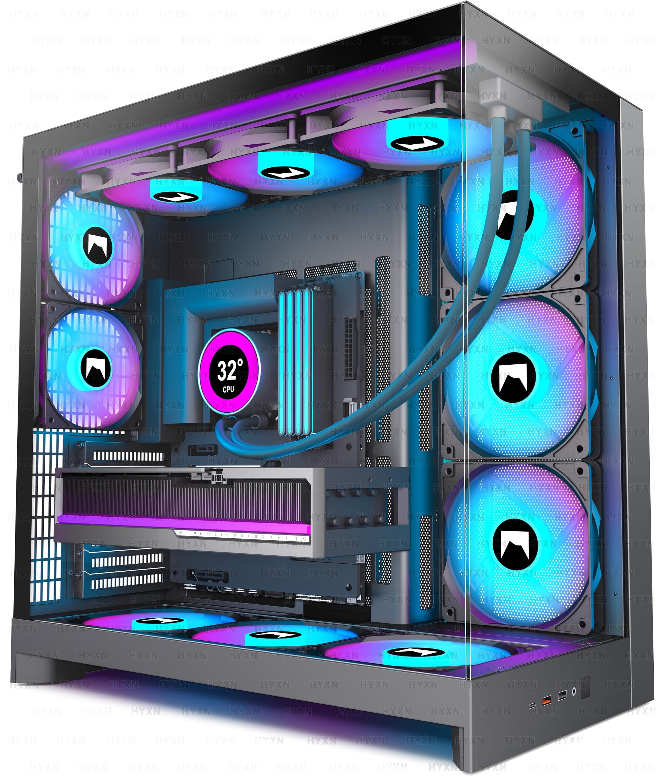 H2(2026) HYXN PC Gehäuse ATX mit 8 Lüfter(6X140 und 2X120) Groß Dual Kammer Mid-Tower Computer Gehäuse Airflow Gaming PC-Gehäuse,Unterstützt 420mm-Wasserkühler,Gaming Gehäuse (Schwarz, H2) Schwarz H2