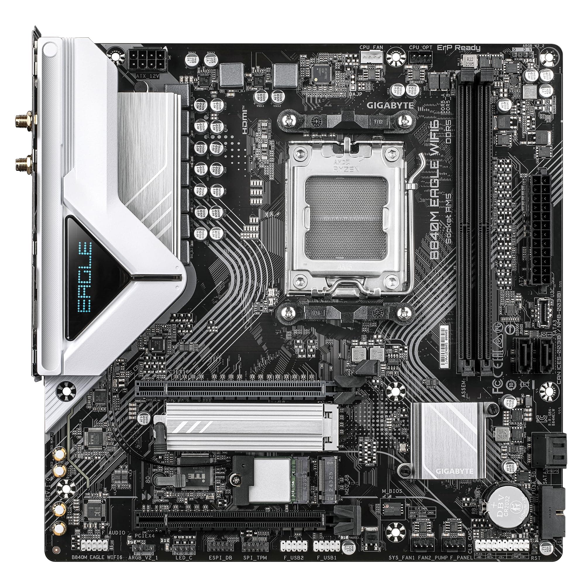 GIGABYTE B840M Eagle WIFI6 Mainboard – AMD Ryzen 9000 Prozessoren, 5+2+2 Phasen VRM, bis zu 7600 MHz DDR5 (O.C.), 1 x M.2 PCIe 4.0 + 1 x M.2 PCIe 3.0, Wi-Fi 6, 2.5 GbE LAN, USB 3.2 Gen 1 Bild 3