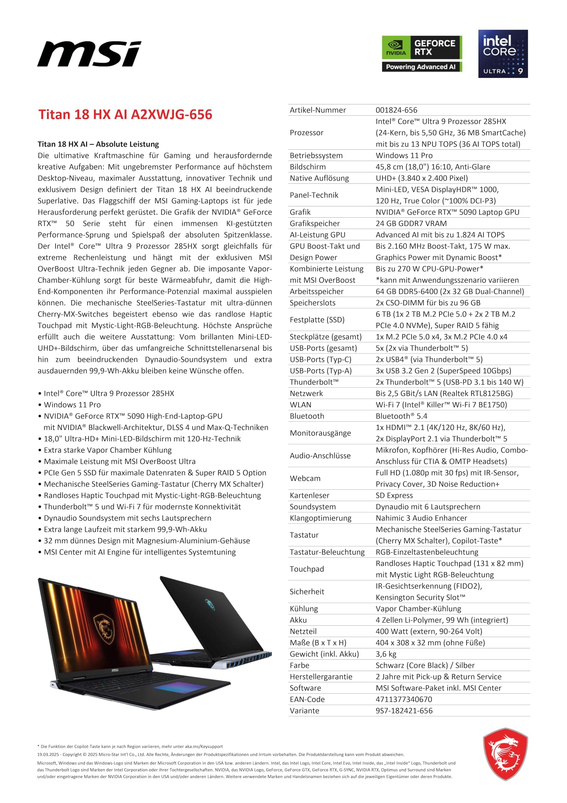 MSI Titan 18 HX AI Gaming-Laptop, 18" UHD+ Mini-LED Display, Intel Core Ultra 9 285HX, NVIDIA GeForce RTX 5090, 64 GB DDR5 RAM, 6 TB SSD RAID 5, Windows 11 Home, QWERTZ Tastatur, Schwarz, A2XWJG-656 Intel® Core™ Ultra 9 285HX RTX5090 Bild 5