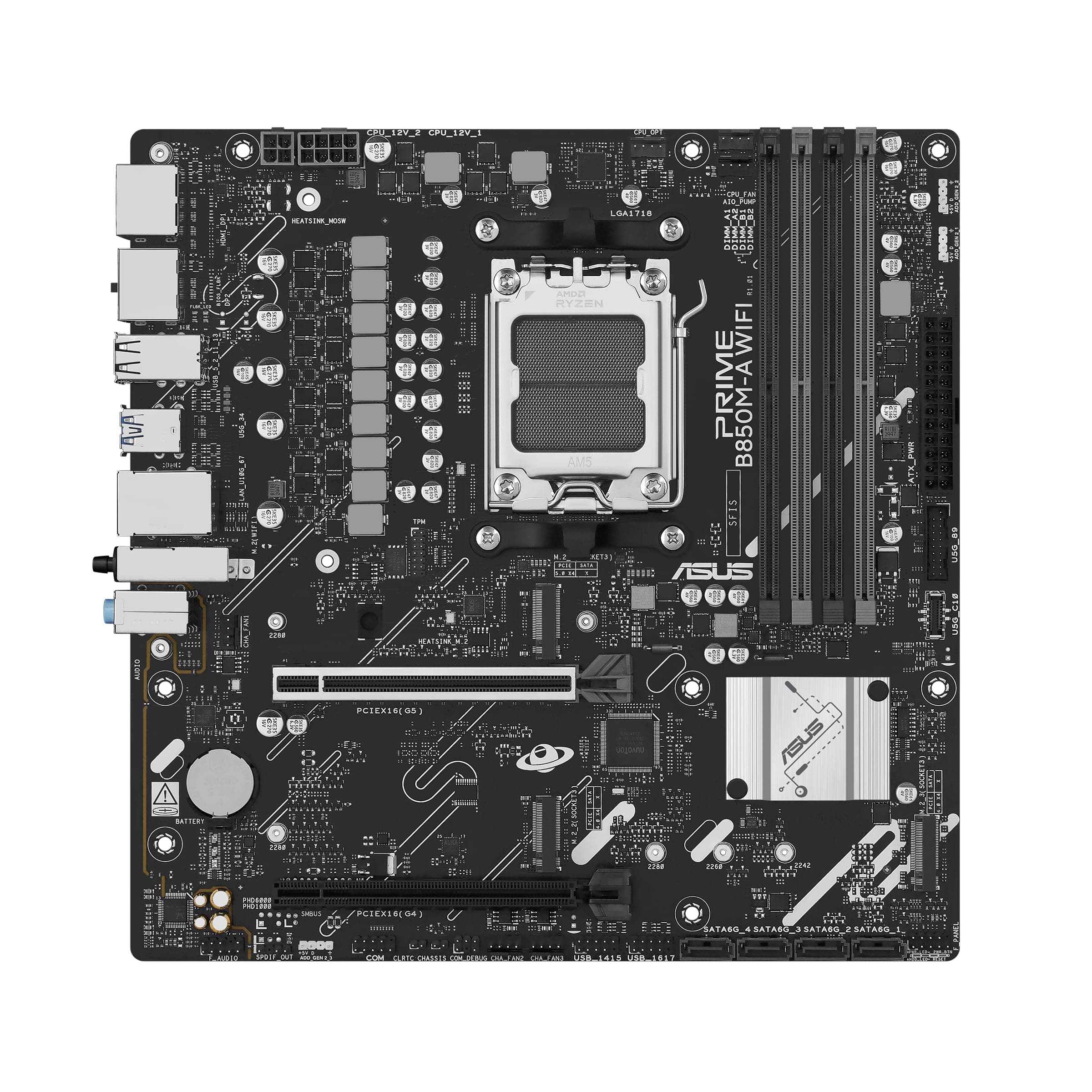ASUS Prime B850M-A WiFi Gaming Mainboard Sockel AMD AM5 (microATX, DDR5, PCIe 5.0, 3X M.2 Slots, Wi-Fi 6E, Realtek 2.5Gb Ethernet, DisplayPort, HDMI, BIOS Flashback, Aura Sync) Bild 5