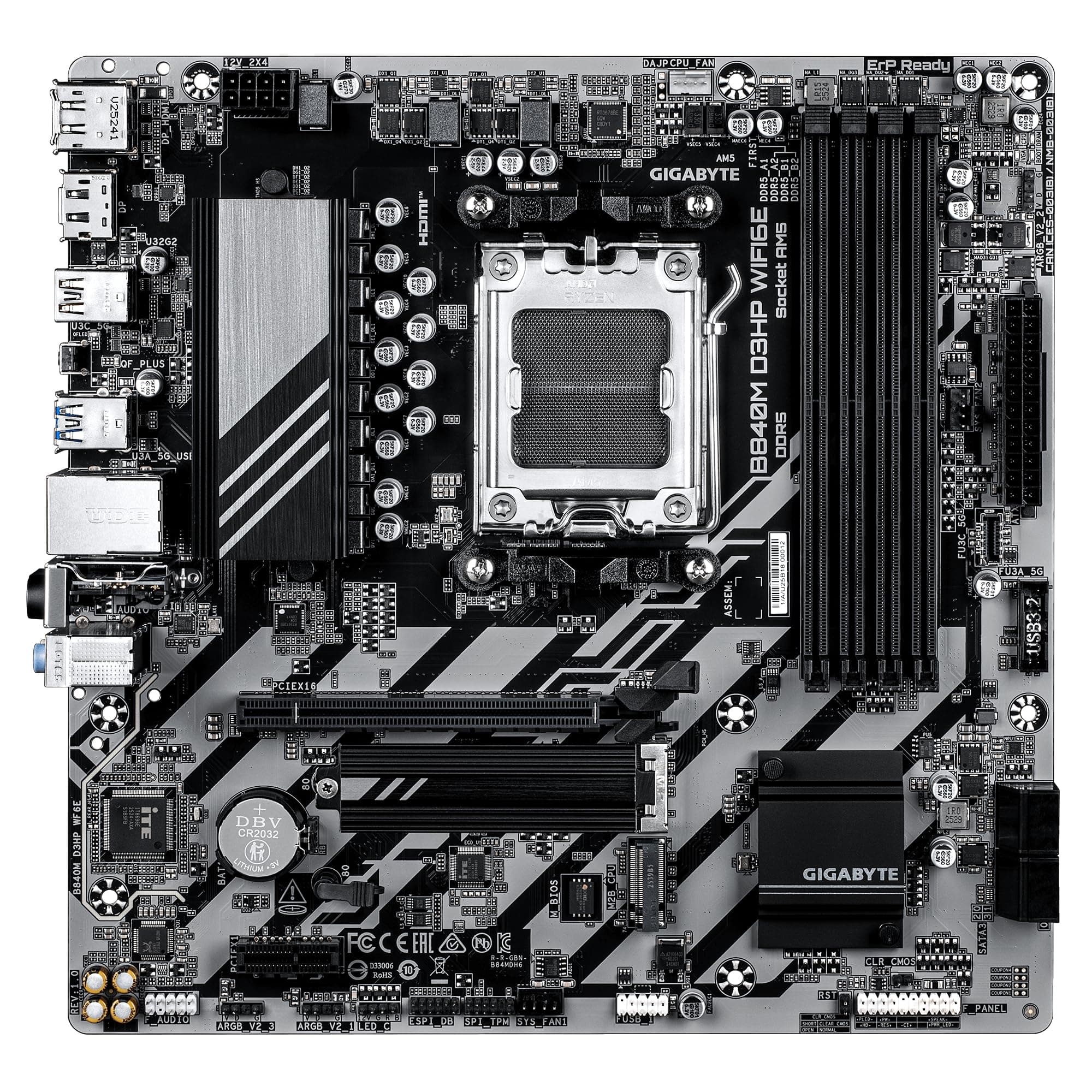 GIGABYTE B840M D3HP WIFI6E Mainboard – AMD Ryzen 9000 CPUs, 8+2+2-Phasen-VRM, bis zu 8200 MHz DDR5 (O.C.), 2× PCIe-4.0-M.2, Wi-Fi 6E, 1-GbE-LAN, USB 3.2 Gen 2 Bild 3