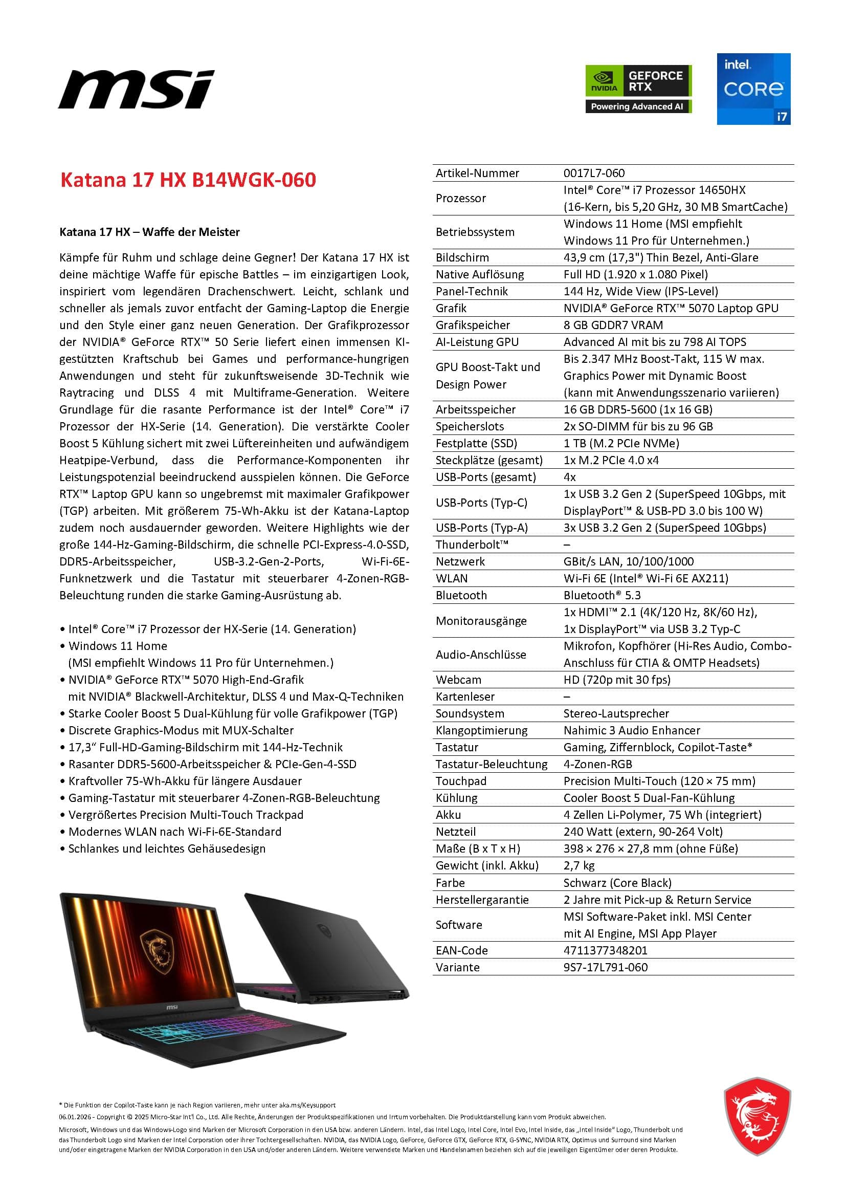 MSI Katana 17 HX, Gaming Laptop, 17,3 Zoll Full HD, Intel Core i7 14650HX, NVIDIA GeForce RTX 5070, 16 GB DDR5, 1 TB SSD, Windows 11 Home, QWERTZ Tastatur, Schwarz, B14WGK-060 Intel Core i7- 14650HX RTX5070 Bild 5