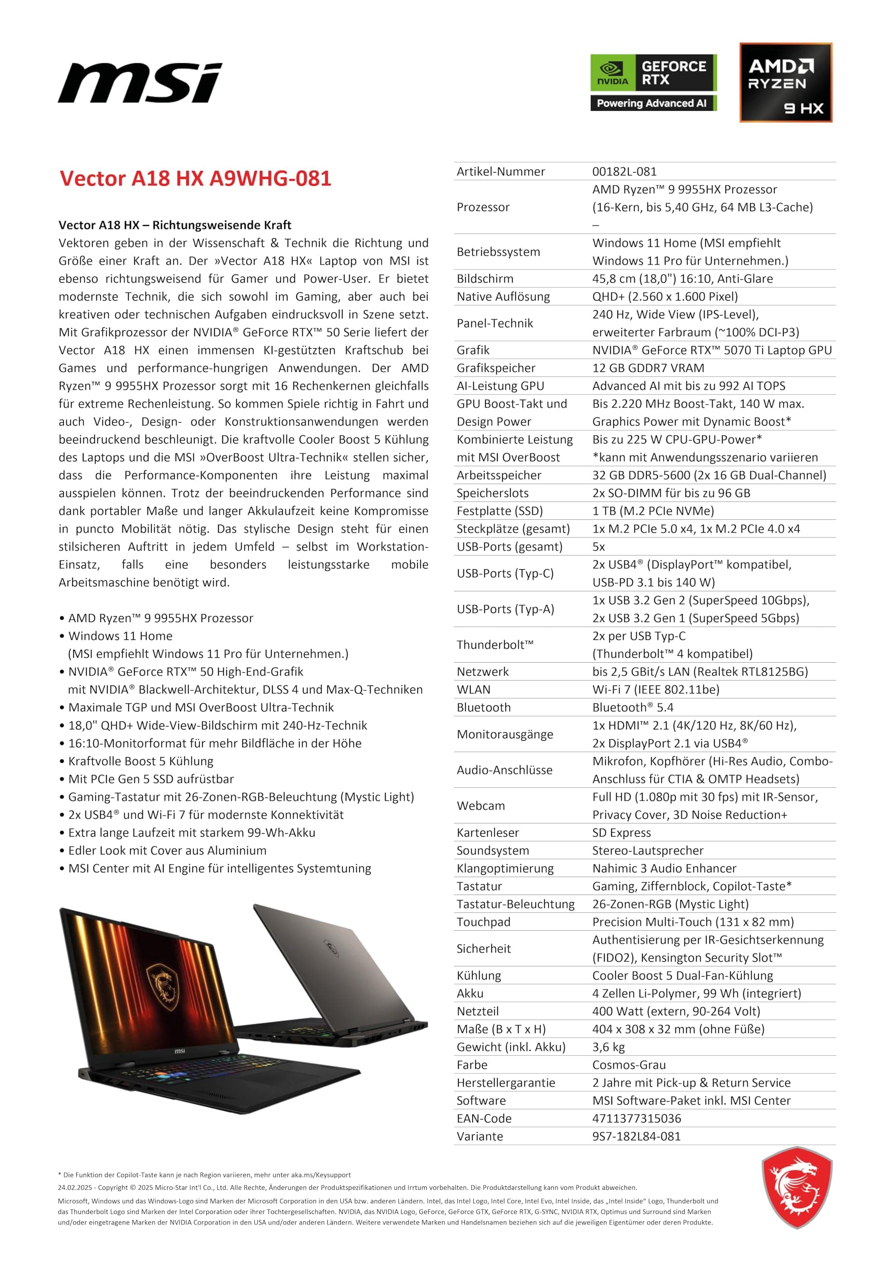 MSI Vector A18 HX Gaming-Laptop, 18" QHD+ 240 Hz Display, AMD Ryzen 9 9955HX, NVIDIA GeForce RTX 5070 Ti, 32 GB DDR5, 1 TB SSD, Windows 11 Home, QWERTZ Tastatur, A9WHG-081 AMD Ryzen™ 9 9955HX Processor RTX5070TI Bild 5