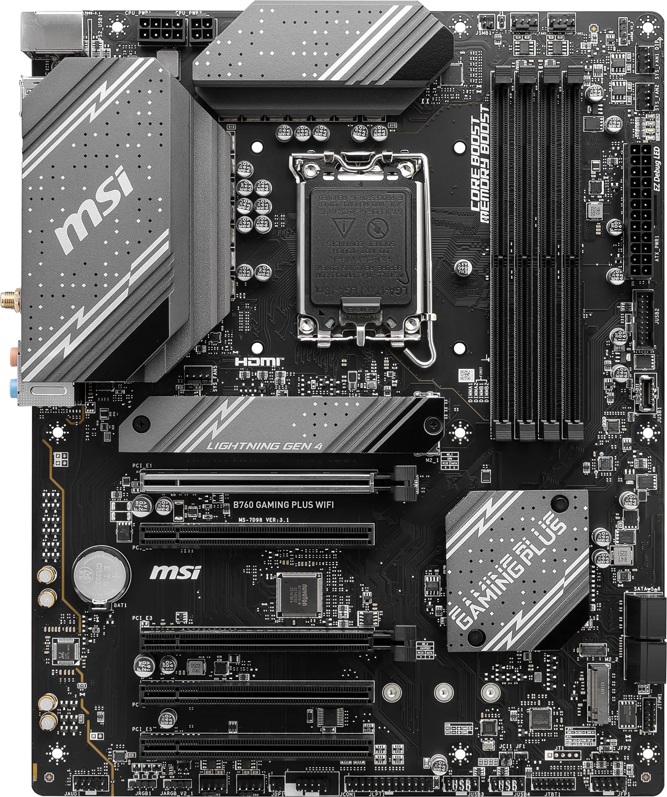 MSI B760 Gaming Plus WiFi Gaming Motherboard (unterstützt Intel Prozessoren der 12. / 13. Generation, LGA 1700, DDR5, PCIe 4.0, M.2, 2,5 Gbit/s LAN, USB 3.2 Gen2, Wi-Fi 6E, ATX) Bild 3