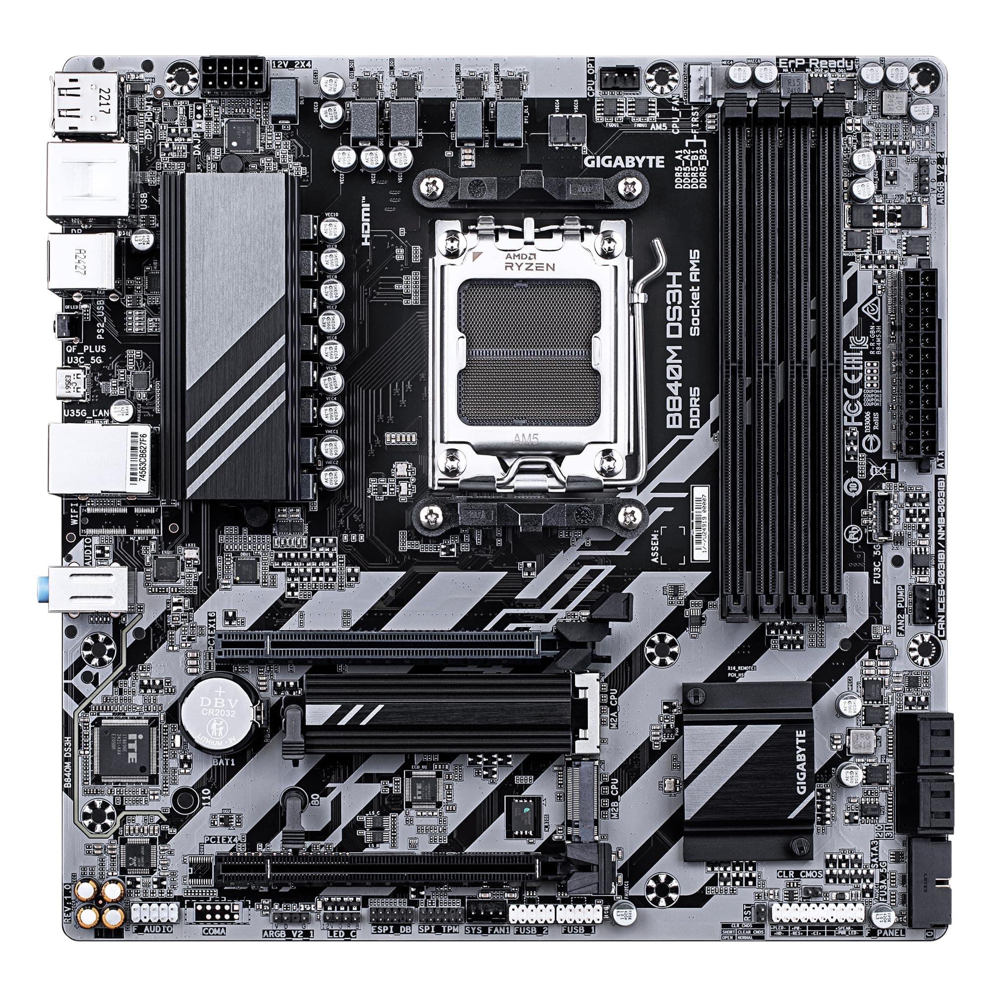 GIGABYTE B840M DS3H Mainboard – AMD Ryzen 9000 CPUs, 8+2+2 Phasen VRM, bis zu 8200 MHz DDR5, 2xPCIe 4.0 M.2, 2.5GbE LAN, USB 3.2 Gen 1 Bild 3