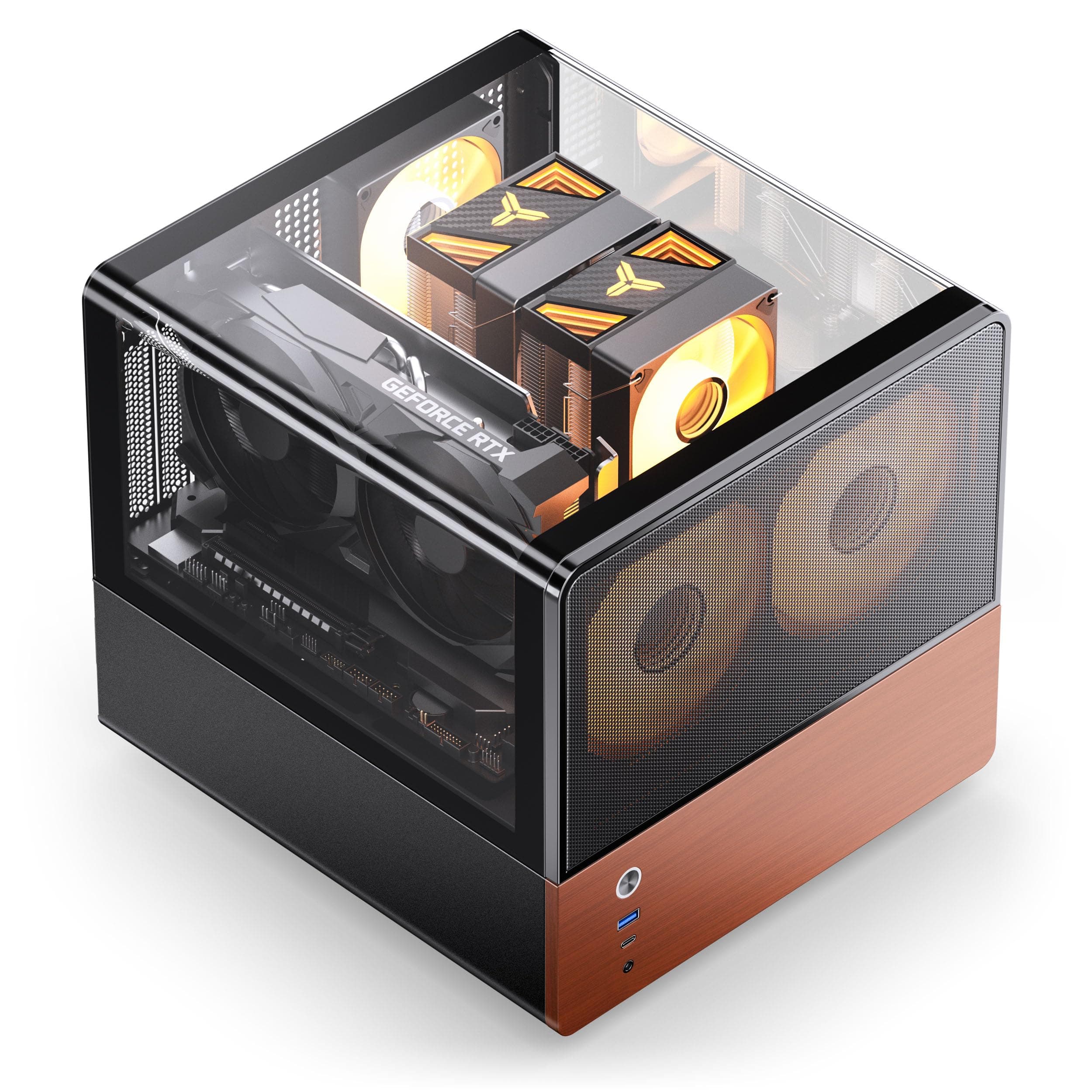 Jonsbo V12 PC-Gehäuse Mini-Tower Micro-ATX mit Tempered Glass, Holzfront und vorinstallierten Lüftern – schwarz Bild 3