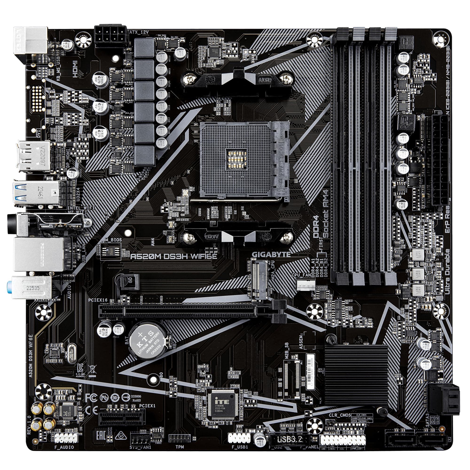 GIGABYTE A520M DS3H WIFI6E Mainboard – Unterstützt AMD Ryzen 5000 Series AM4 CPUs, bis zu 4733 MHz DDR4 (OC), 1× PCIe 3.0 M.2, Wi-Fi 6E, GbE-LAN, USB 3.2 Gen 1 Bild 3