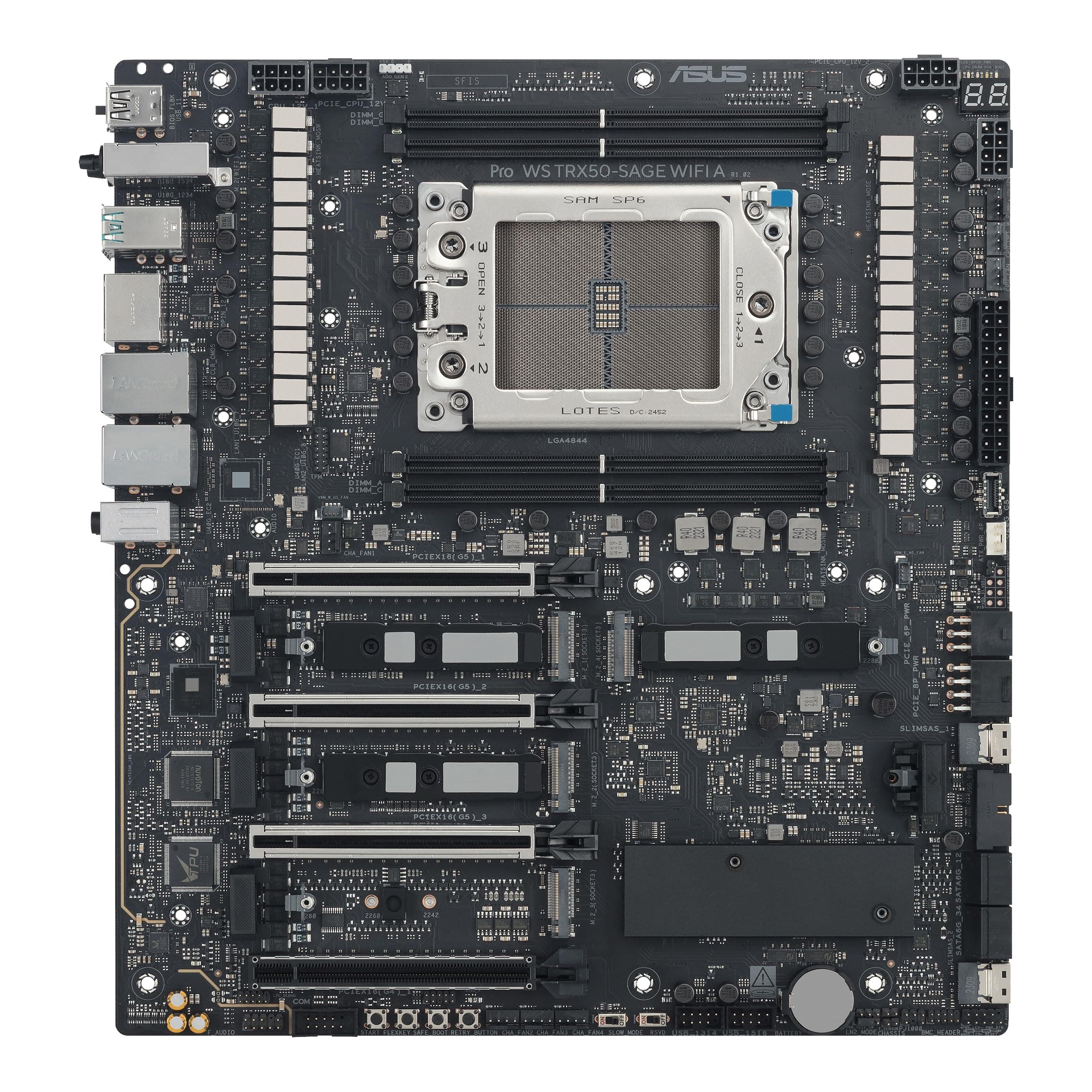 ASUS PRO WS TRX50-SAGE WiFi Workstation Mainboard (Overclocking, 36-Phasen Design, PCIe 5.0 x16 und M.2, USB4 40Gb/s, 10Gb und 2.5Gb LAN, Multi-GPU Support, CEB Formfaktor) SAGE WIFI A Pro TRX50 Bild 3
