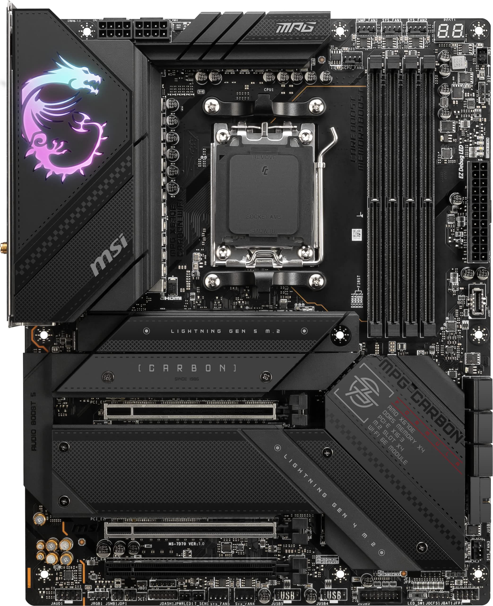 MSI MPG X670E Carbon WiFi Mainboard, ATX - Unterstützt AMD Ryzen 7000 Serie Prozessoren, AM5-18 Duet Rail 90A Power Stage, DDR5 Memory Boost 6600+MHz/OC, 2 x PCIe 5.0 x16, 2 x M.2 Gen5, Wi-Fi 6E Bild 3