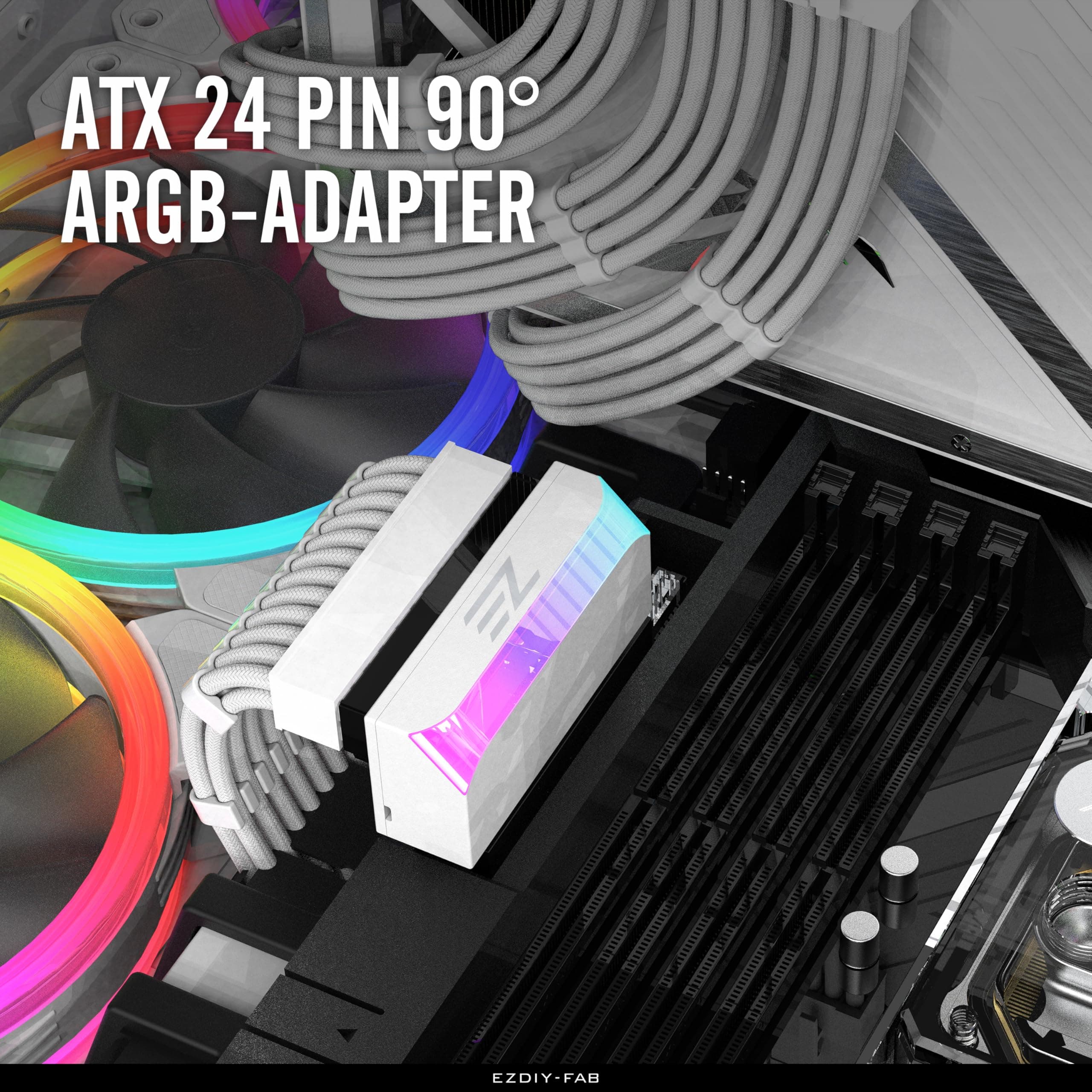 EZDIY-FAB ATX 24-Pin 90-Grad-Stromanschluss 5V 3 Pin ARGB Rainbow Buchse auf Stecker Netzteil für Computer Motherboard ATX Netzteil-1 Pack-Weiß Bild 5
