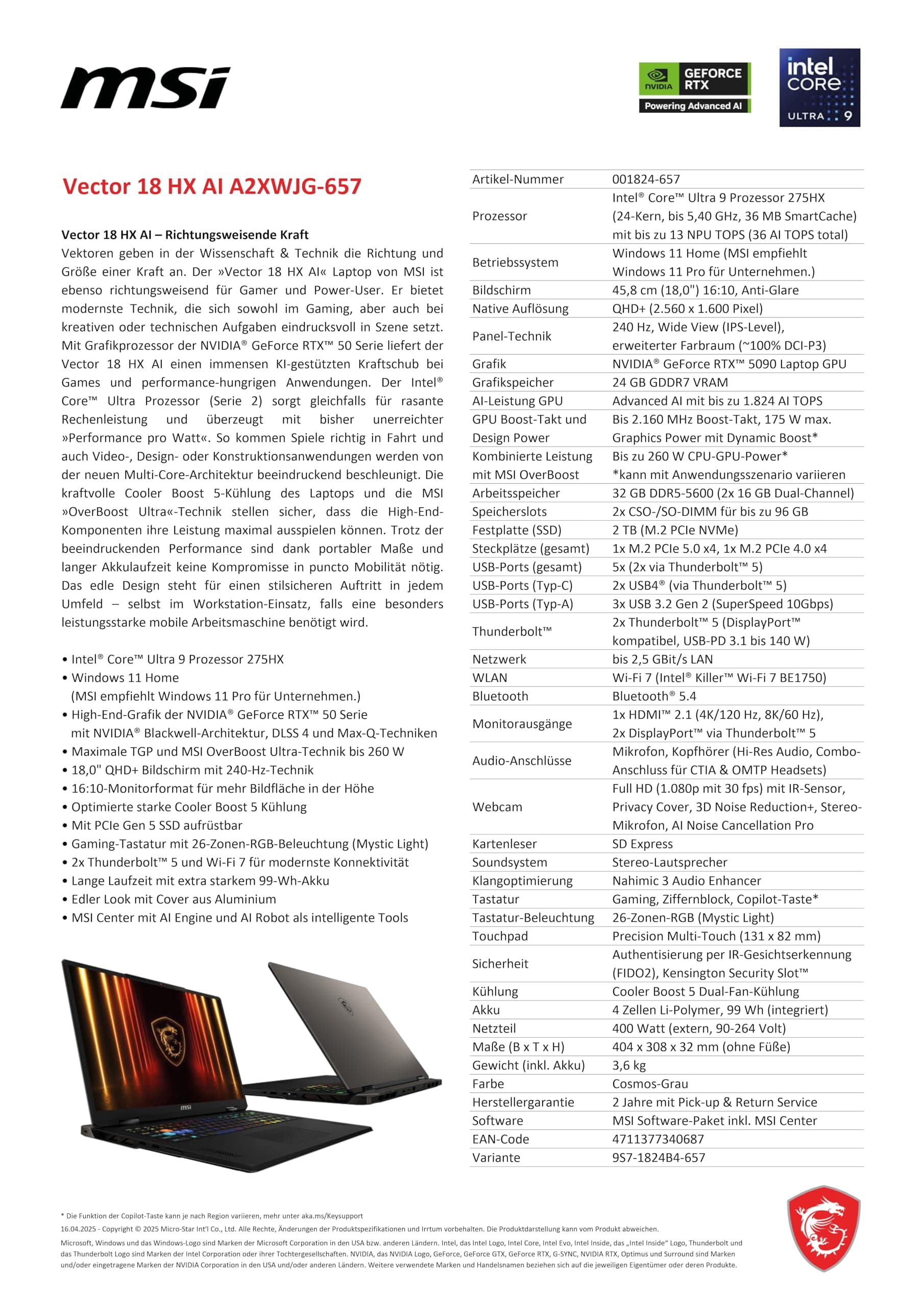 MSI Vector 18 HX AI Gaming-Laptop, 18" QHD+ 240 Hz Display, Intel Core Ultra 9 275HX, NVIDIA GeForce RTX 5090, 32 GB RAM, 2 TB SSD, Windows 11 Home, QWERTZ Tastatur, Cosmos Grau, A2XWJG-657 Intel Core Ultra 9 275HX RTX5090 24GB Bild 5