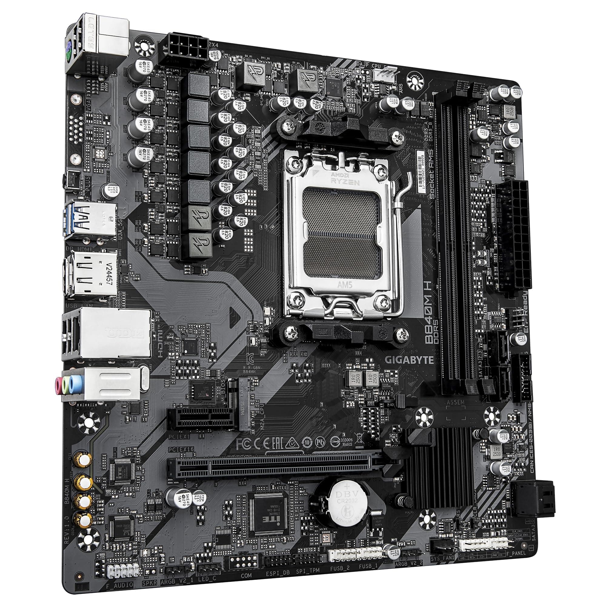 GIGABYTE B840M H Mainboard - AMD Ryzen 9000 CPUs, 5+2+2 Phasen VRM, bis zu 7200MHz DDR5 (O.C), 1xPCIe 4.0 M.2, 1GbE LAN, USB 3.2 Gen 1 Bild 5