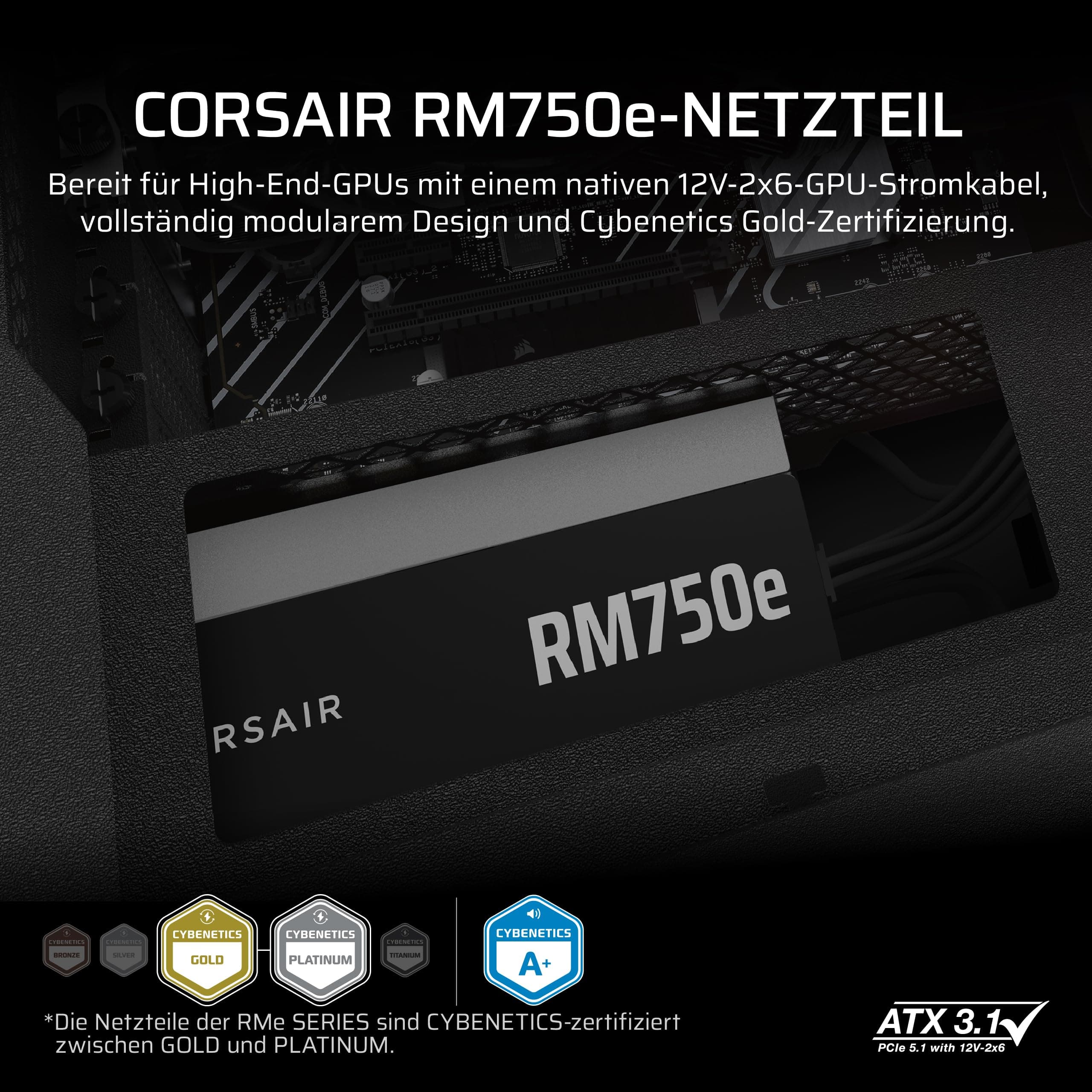 CORSAIR RM750e (2025) Geräuscharmes Vollständig Modulares ATX-Netzteil mit 12V-2x6 Kable – Zero RPM-Lüftermodus, ATX 3.1-Konform, PCIe 5.1-Unterstützung, Cybenetics Gold – Schwarz Schwarz 750 Watts RMe (2025) Bild 3