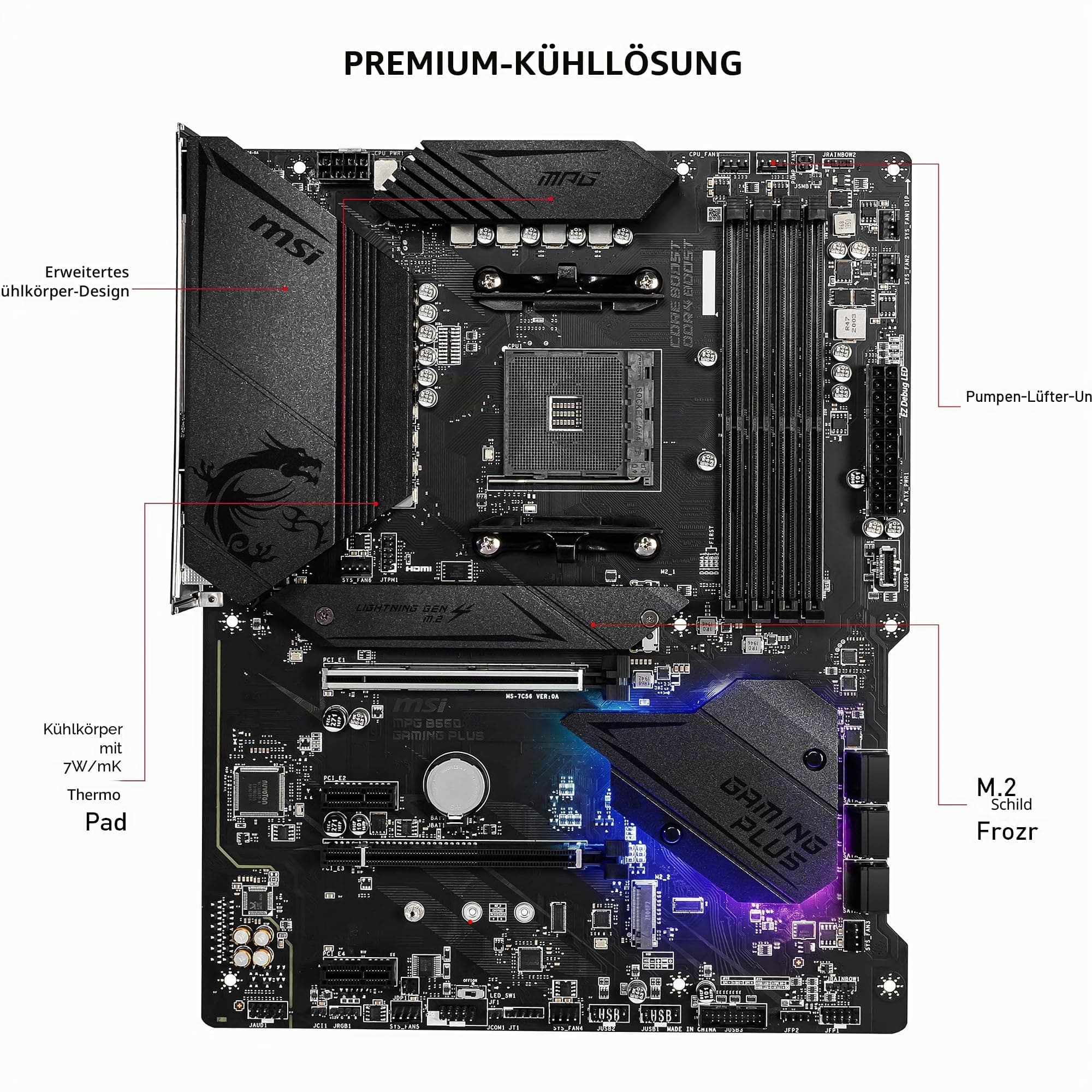 MSI MPG B550 Gaming Plus V1 Gaming Mainboard (AMD Ryzen 5000, AM4, DDR4, PCIe 4.0, SATA 6Gb/s, M.2, USB 3.2 Gen 2, HDMI/DP, ATX) Bild 3