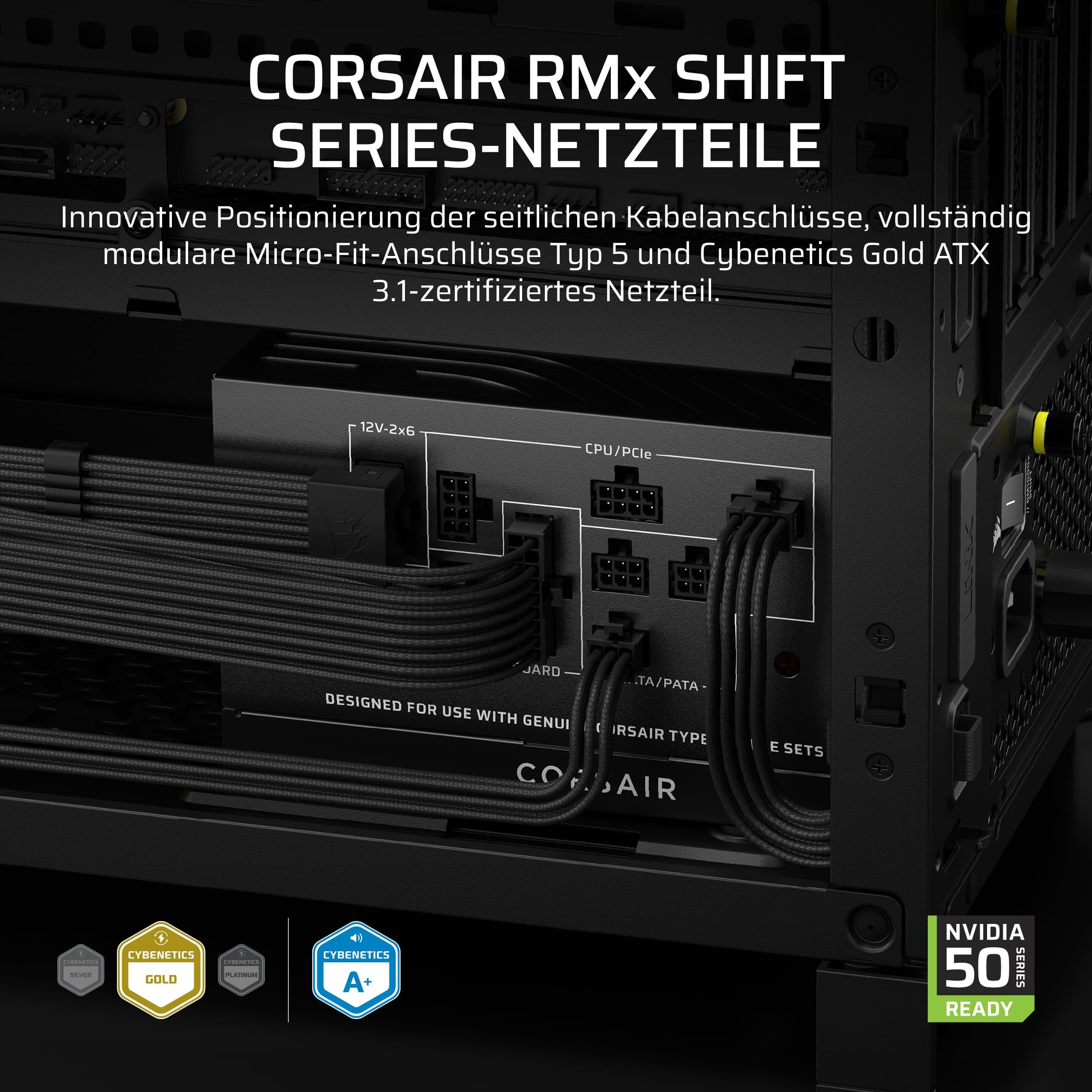 CORSAIR RM750x Shift (2025) Vollmodulares ATX-Netzteil – Modulare Seitenschnittstelle, 12-V-2x6-Kabel, ATX 3.1 und PCIe 5.1, Lüftergeschwindigkeit, 105°C-Kondensatoren, Cybenetics Gold – Schwarz 750w Bild 3
