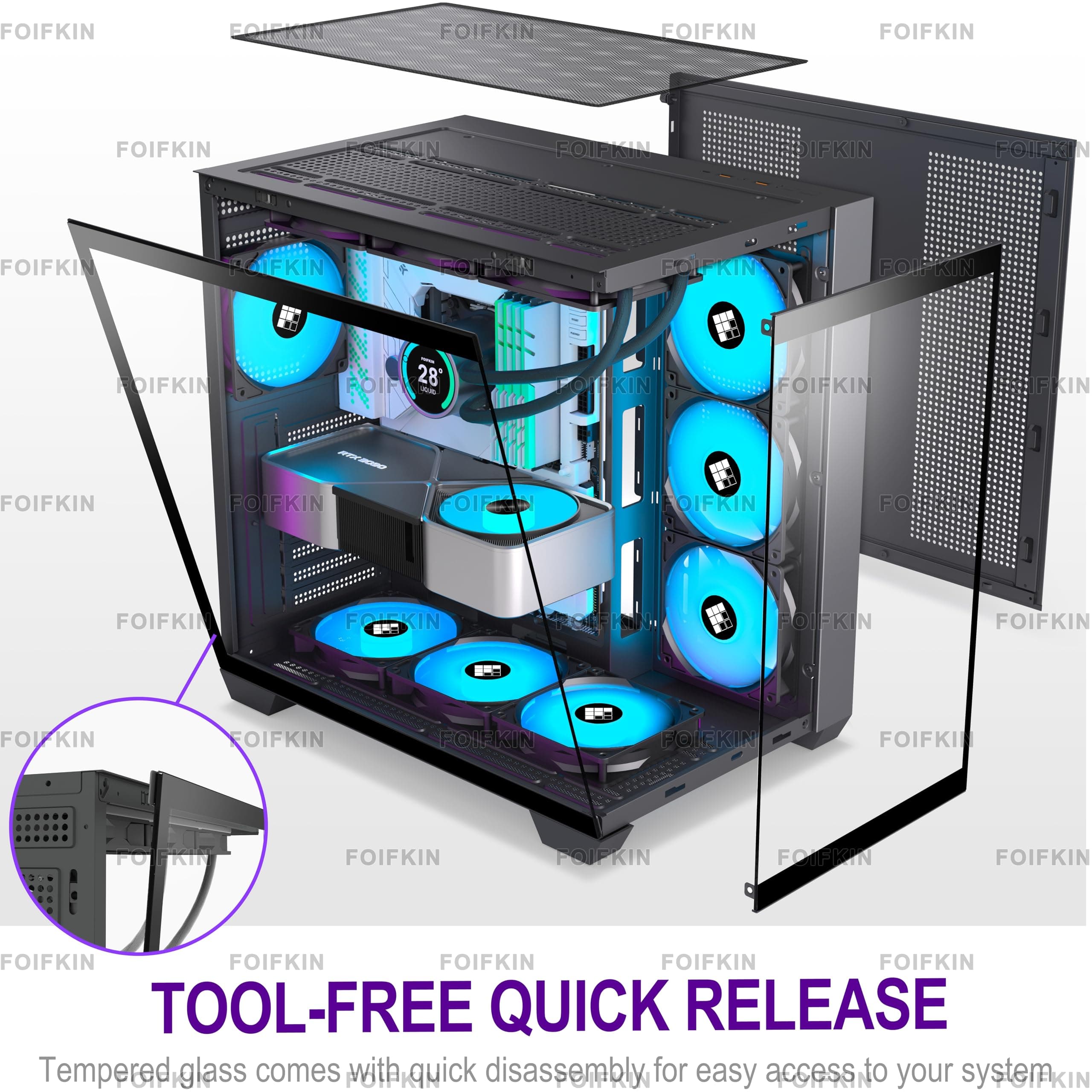 FOIFKIN F300 PC Gehäuse ATX mit 7 PWM ARGB Lüfter,Hoher Luftstrom Mid-Tower Computer Gehäuse,Gaming PC-Gehäuse Big Tower,ATX Gehäuse,mit Type-C,360mm Rad Computergehäuse (Schwarz, F300) Schwarz-1 F300 Bild 3
