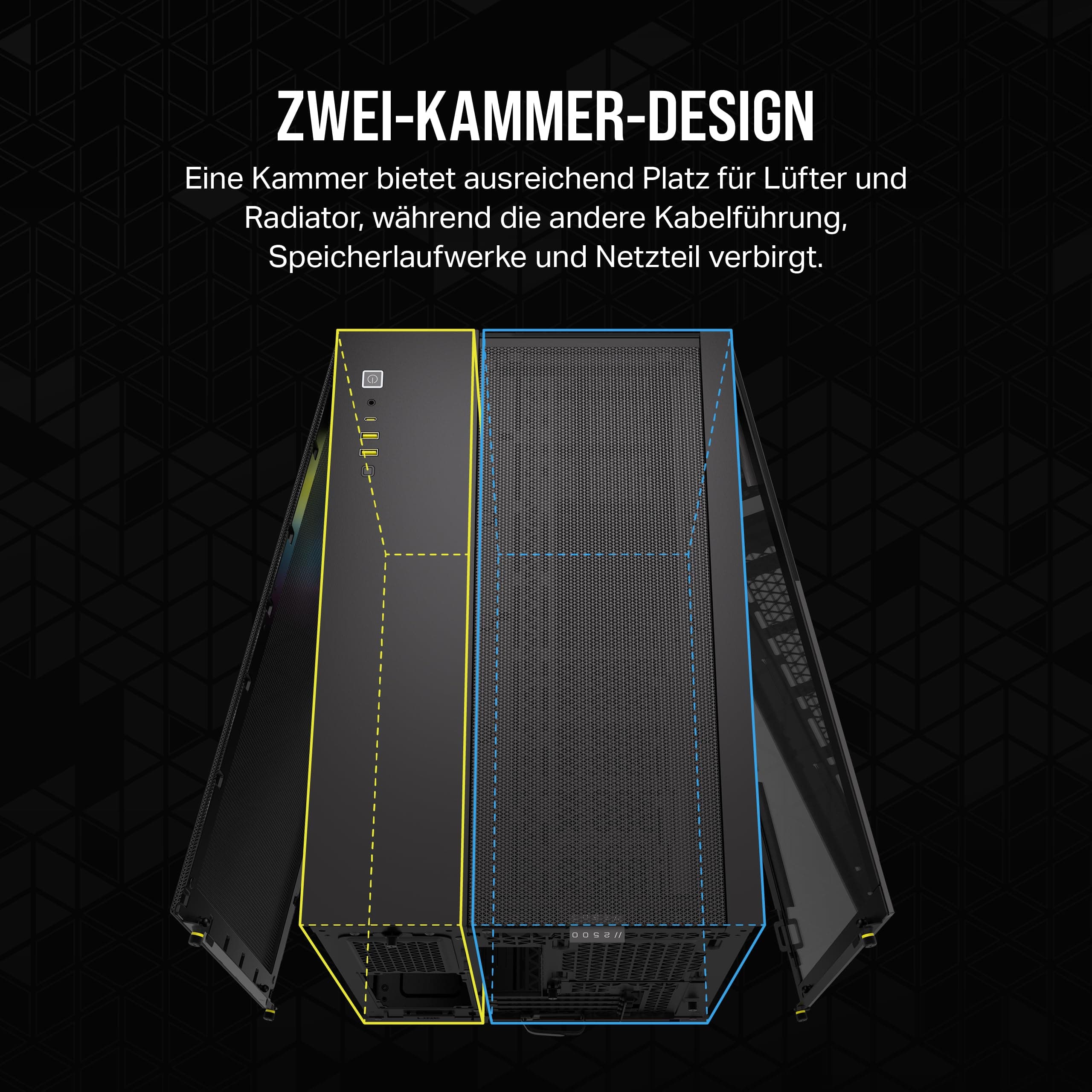 CORSAIR iCUE Link 2500X RGB gehärtetes Glas mATX Mid-Tower Dual Chamber PC Gehäuse - 2X CORSAIR RX120 RGB Lüfter im Lieferumfang enthalten - Breite Kühlflexibilität - Reverse Connection Motherboard iCUE LINK RGB 2500X Schwarz Bild 5
