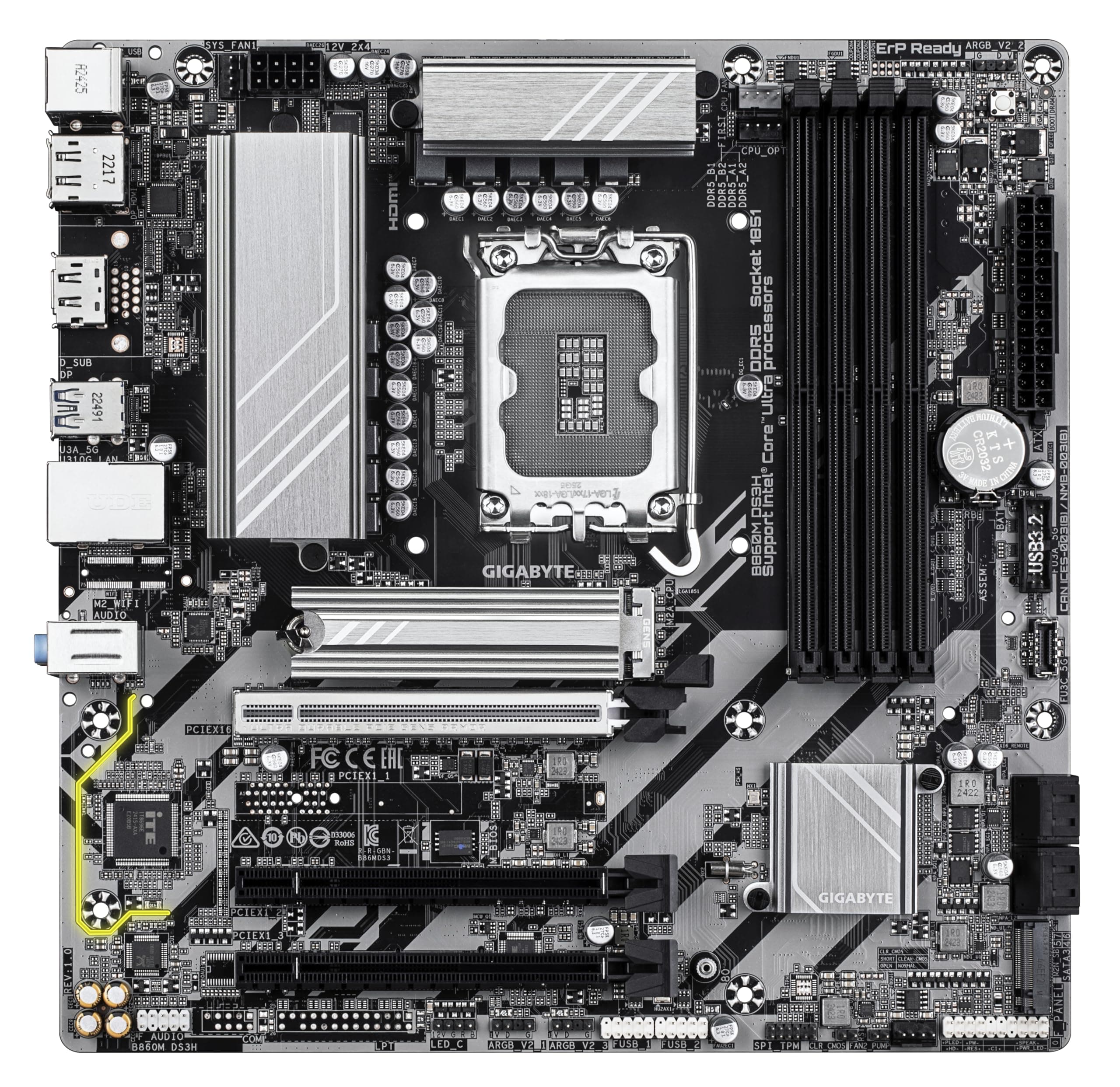 GIGABYTE B860M DS3H Mainboard - Intel Core Ultra CPUs, 5+1+2+1 Phasen VRM, bis zu 9066MHz DDR5, 1xPCIe 5.0 + 1xPCIe 4.0 M.2, 2,5 GbE LAN, USB 3.2 Gen 2 Bild 3