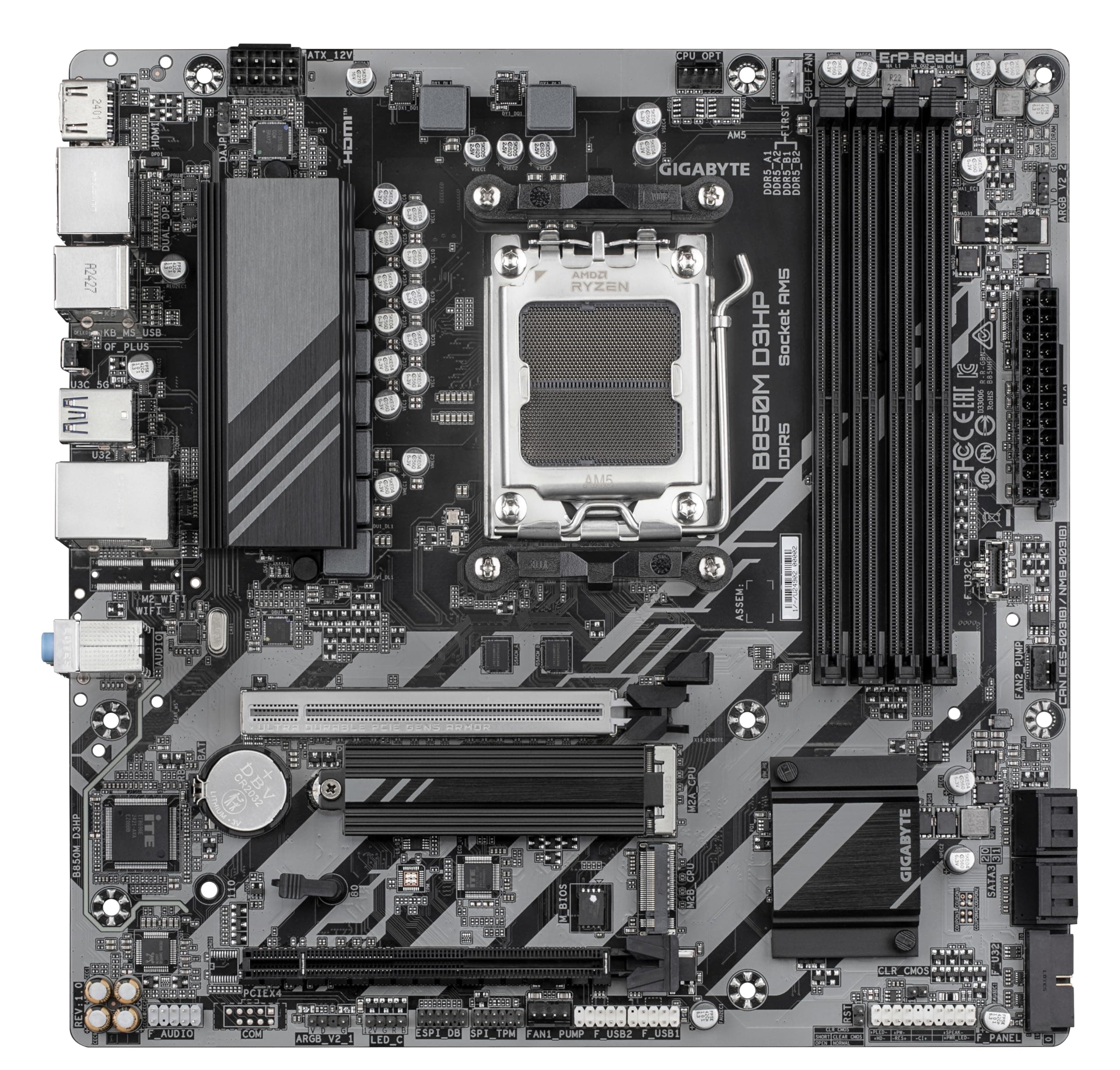 GIGABYTE B850M D3HP Motherboard - AMD Ryzen 9000 Series CPUs, 5+2+2 Phasen Digital VRM, bis zu 8200MHz DDR5 (OC), 1xPCIe 5.0 + 1xPCIe 4.0 M.2, GbE LAN, USB 3.2 Gen 2 Bild 3