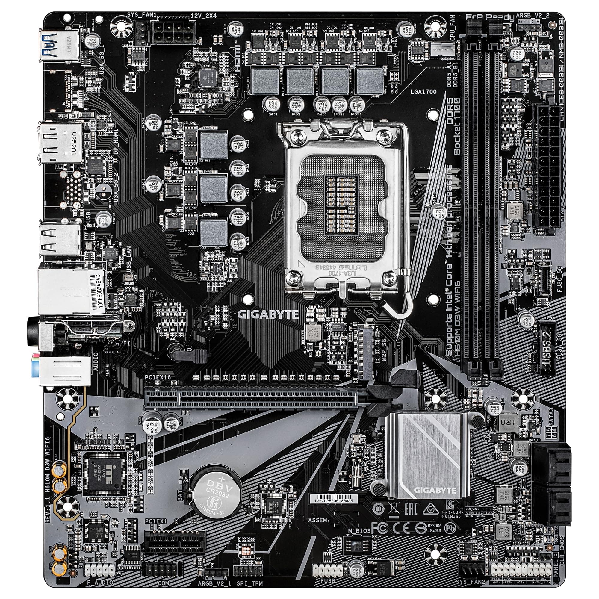 GIGABYTE H610M D3W WIFI6 Mainboard - Unterstützt Intel Core Prozessoren der 14. Generation, 5+1+1 Phasen VRM, bis zu 5600MHz DDR4, 1xPCIe 3.0 M.2, Wi-Fi 6, 1GbE LAN, USB 3.2 Gen 1 Bild 3