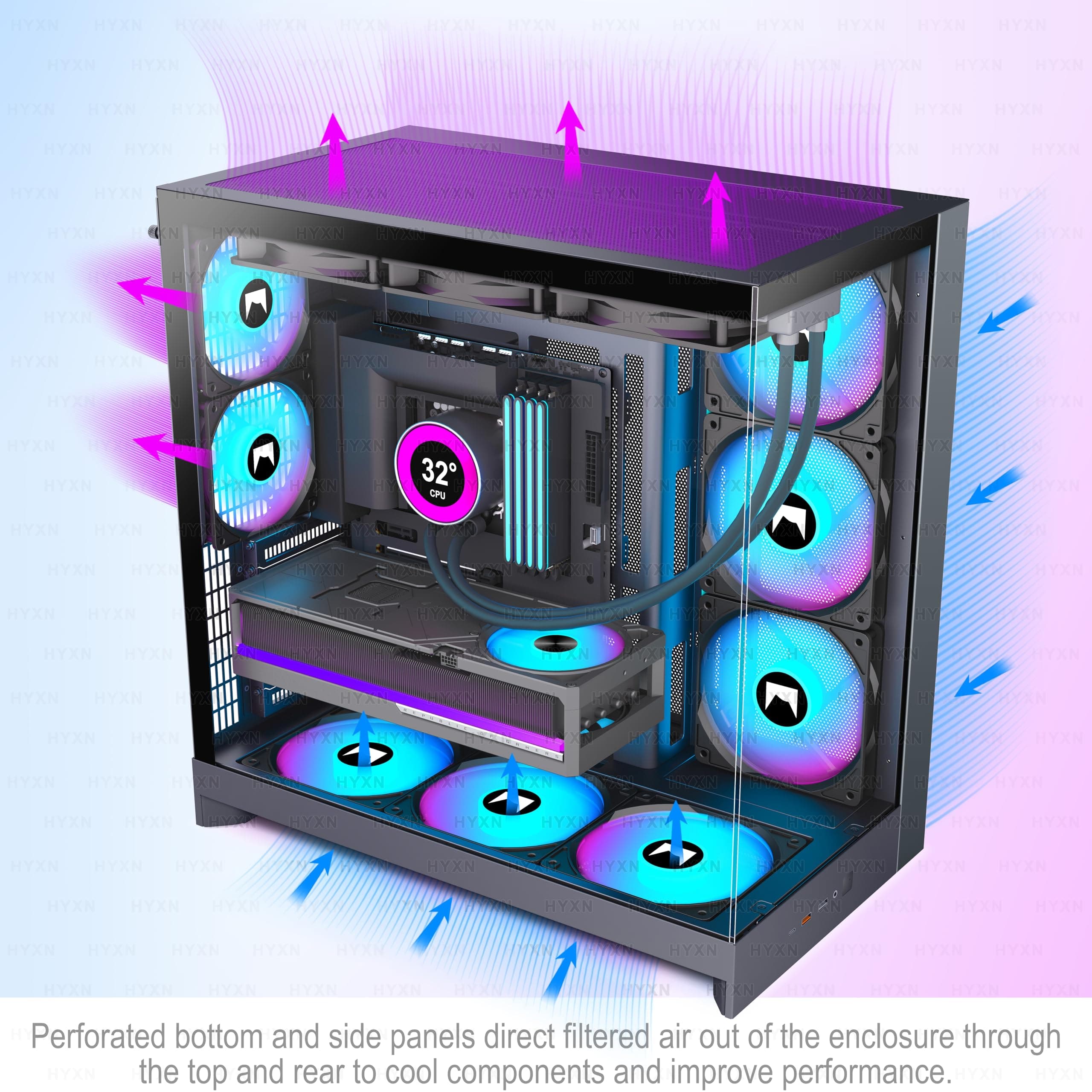 H2(2026) HYXN PC Gehäuse ATX mit 8 Lüfter(6X140 und 2X120) Groß Dual Kammer Mid-Tower Computer Gehäuse Airflow Gaming PC-Gehäuse,Unterstützt 420mm-Wasserkühler,Gaming Gehäuse (Schwarz, H2) Schwarz H2 Bild 7