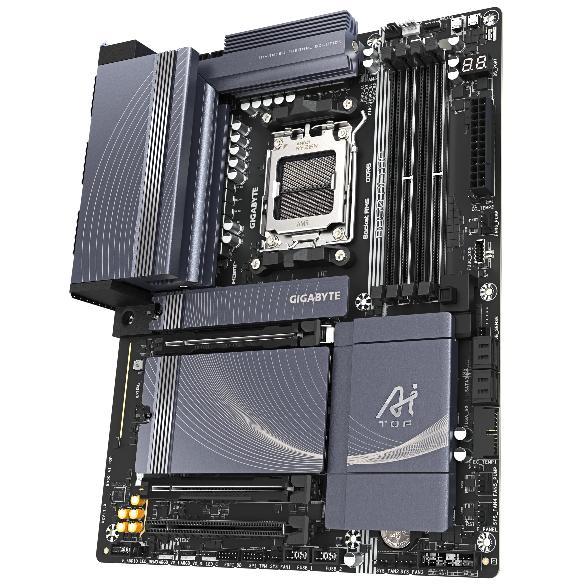 GIGABYTE B850 AI TOP Motherboard - AMD Ryzen 9000 Series CPUs, 16+2+2 Phasen Digital VRM, bis zu 8600MHz DDR5 (OC), 2xPCIe 5.0 + 1xPCIe 4.0 M.2, 10 GbE LAN, WiFi 7, USB 3.2 Gen 2x2 Bild 7