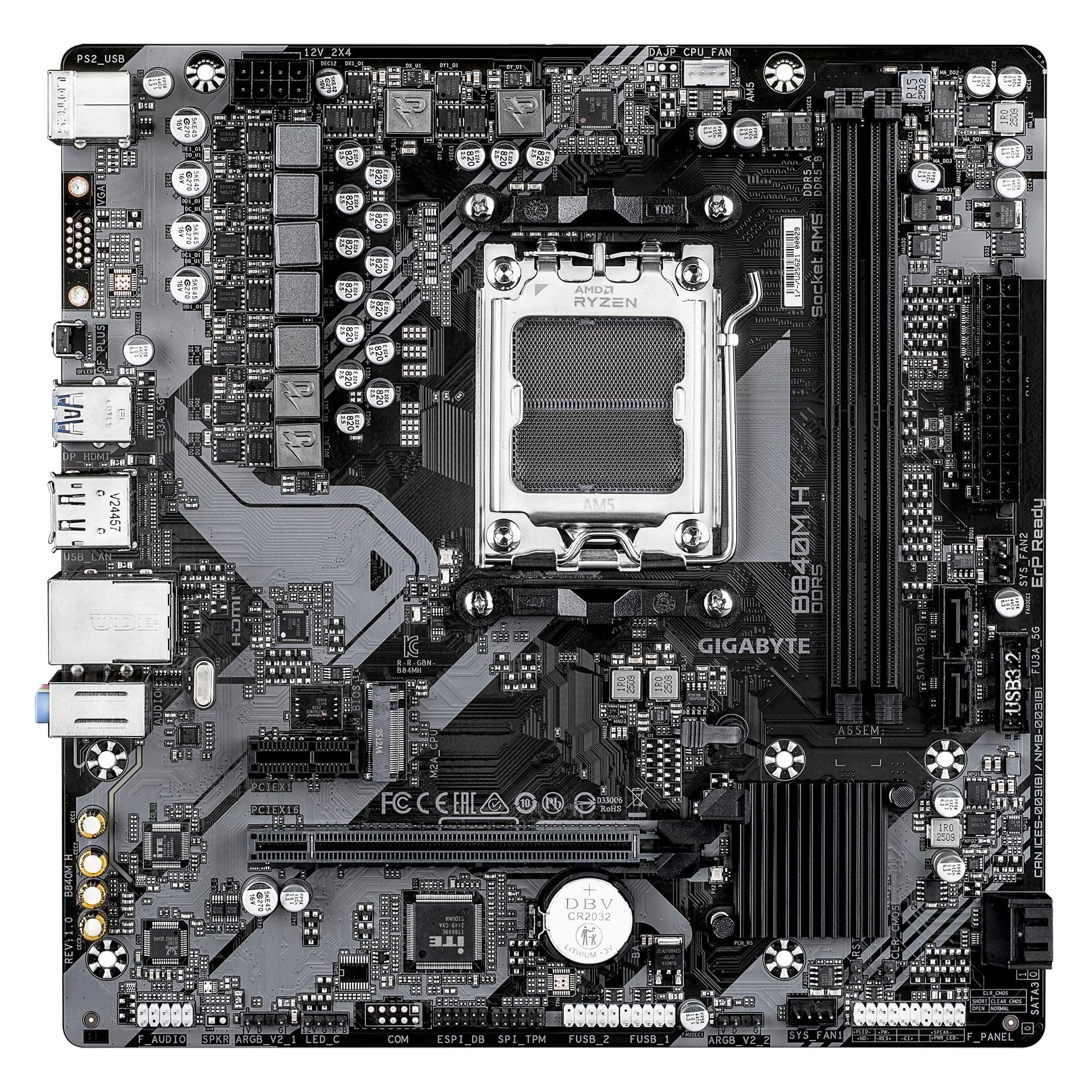 GIGABYTE B840M H Mainboard - AMD Ryzen 9000 CPUs, 5+2+2 Phasen VRM, bis zu 7200MHz DDR5 (O.C), 1xPCIe 4.0 M.2, 1GbE LAN, USB 3.2 Gen 1 Bild 3
