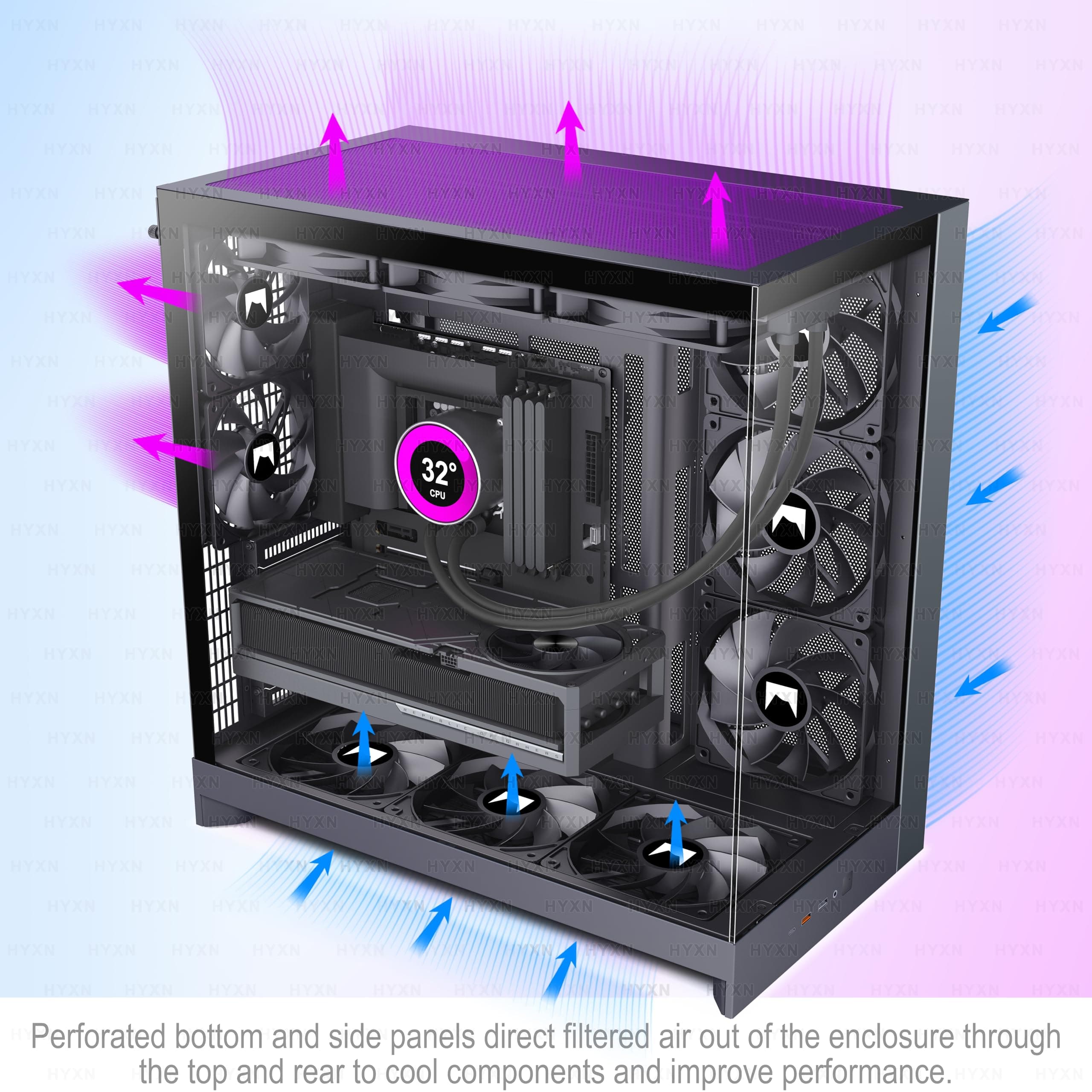 H2(2026) HYXN PC Gehäuse ATX mit 8 Lüfter(6X140 und 2X120) Groß Dual Kammer Mid-Tower Computer Gehäuse Airflow Gaming PC-Gehäuse,Unterstützt 420mm-Wasserkühler,Gaming Gehäuse (Black, H2) Black H2 Bild 7