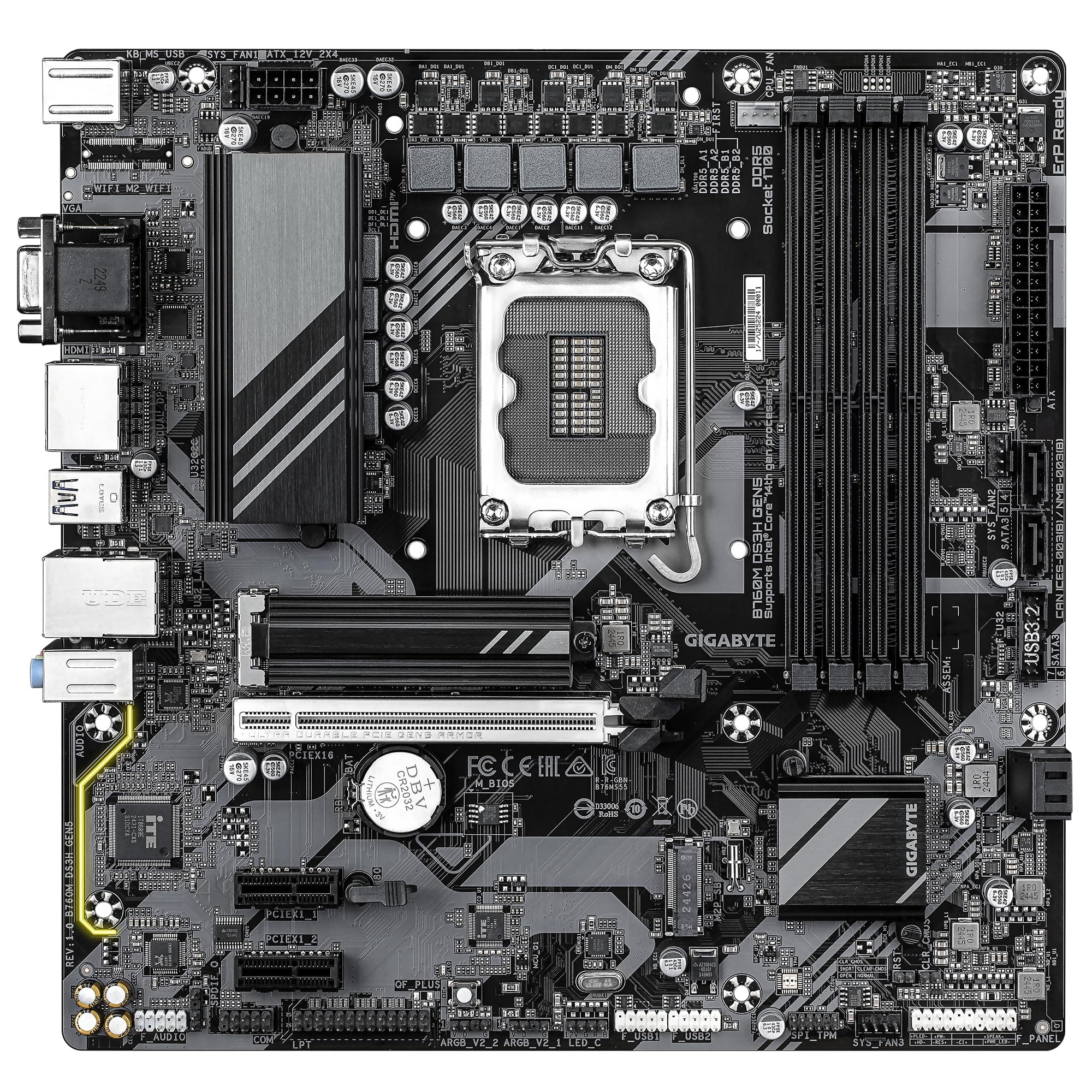 GIGABYTE B760M DS3H GEN5 Mainboard – Unterstützt Intel Core Prozessoren der 14. Generation, digitales VRM mit 6+2+1 Phasen, bis zu 5600 MHz DDR5, 2 x PCIe 4.0 M.2, 2.5GbE LAN, USB 3.2 Gen2 Bild 3