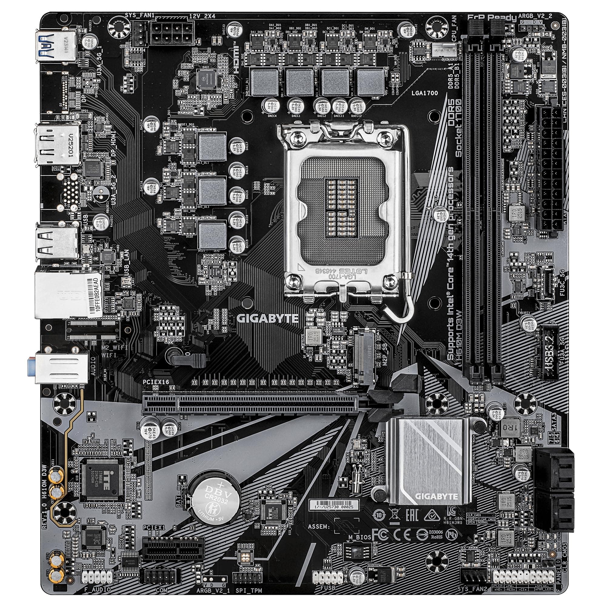 GIGABYTE H610M D3W Mainboard - Unterstützt Intel Core Prozessoren der 14. Generation, 5+1+1 Phasen VRM, bis zu 5600MHz DDR5, 1xPCIe 3.0 M.2, 1GbE LAN, USB 3.2 Gen 1 Bild 3