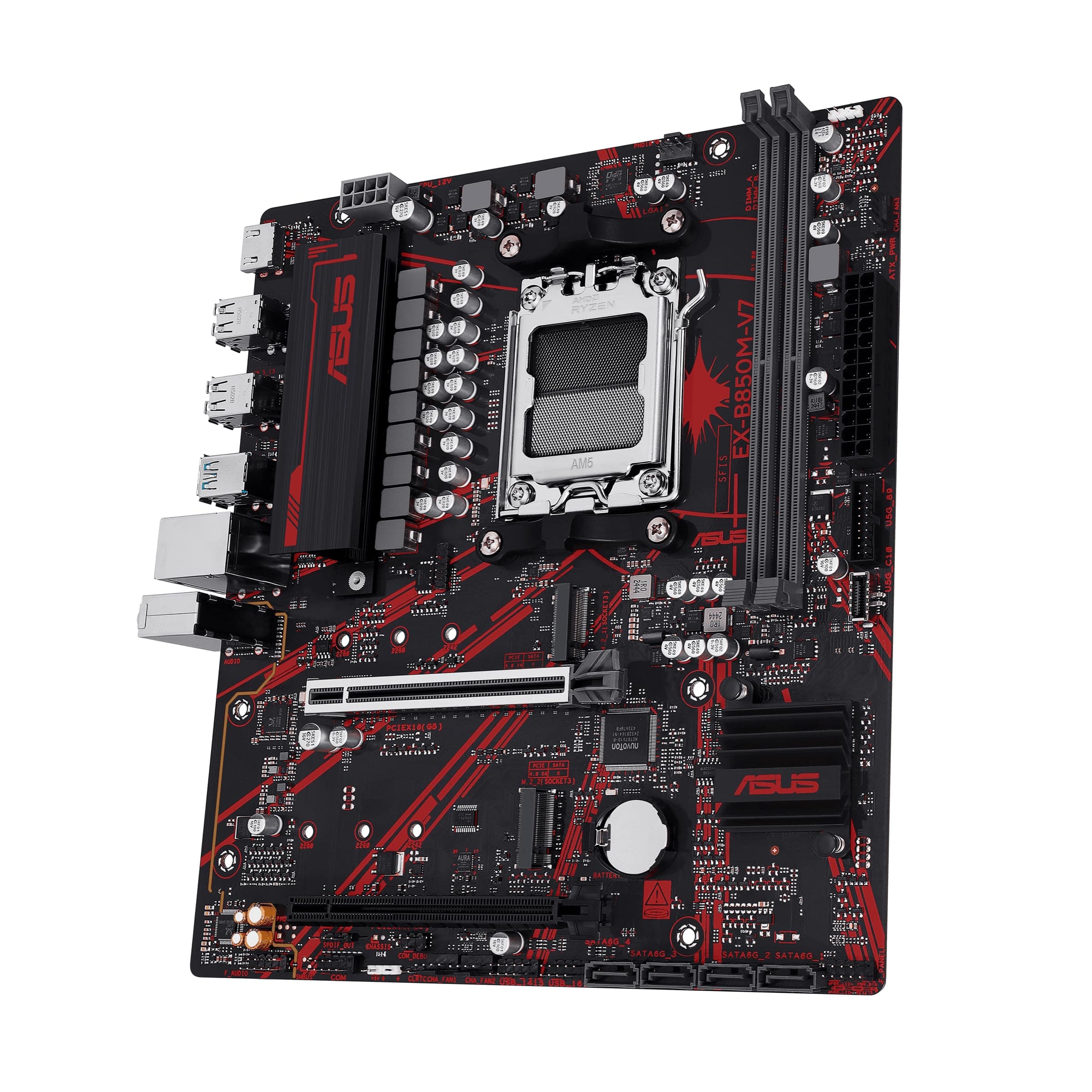 ASUS EX-B850M-V7, Motherboard AMD Micro-ATX, DDR5-Slot, PCIe 5.0 Ready, Zwei M.2-Steckplätze, Ethernet Realtek 5 GB, HDMI 2.1, SATA 6 Gbit/s, USB-Anschlüsse hinten mit 10 Gbit/s und vorne USB-C mit 5 Bild 3