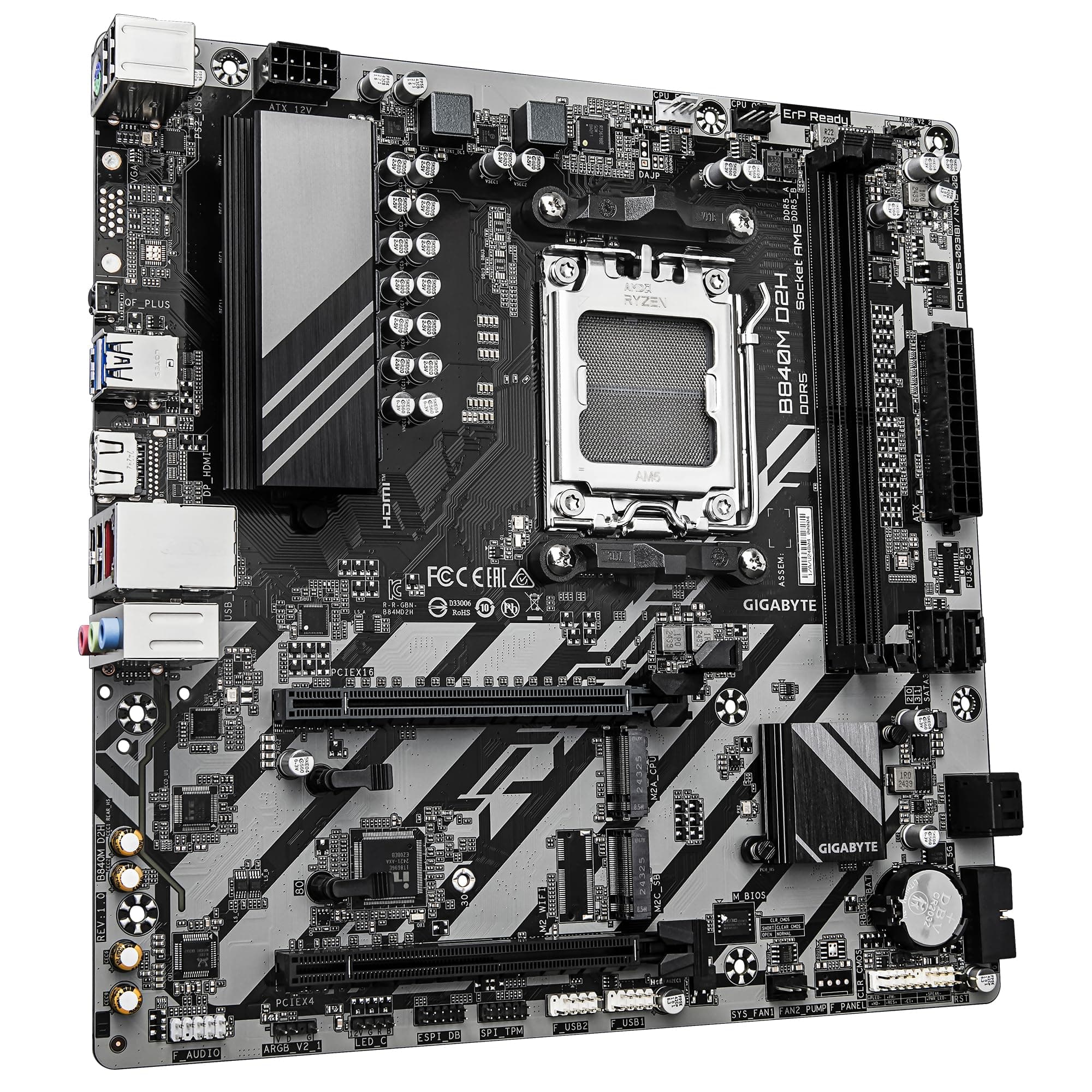 GIGABYTE B840M D2H Mainboard – AMD Ryzen 9000 CPUs, 5+2+2 Phasen VRM, bis zu 7600 MHz DDR5, 1xPCIe 4.0 + 1xPCIe 3.0 M.2, 2.5GbE LAN, USB 3.2 Gen 1 Bild 5