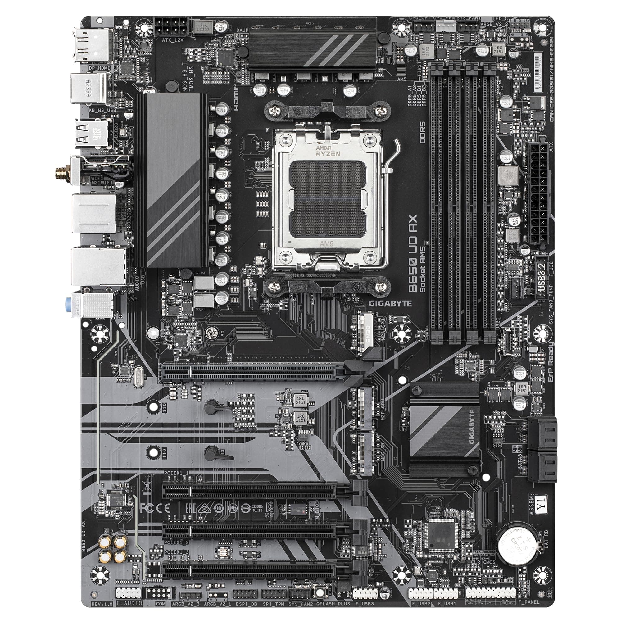 GIGABYTE B650 UD AX Motherboard - Unterstützt AMD Ryzen 9000 Serie CPUs, 6+2+2 Phasen VRM, bis zu 7600MHz DDR5 (OC), 1x PCIe 5.0 + 2X PCIe 4.0 M.2, GbE LAN, Wi-Fi 6, USB 3.2 Gen 2 Bild 3