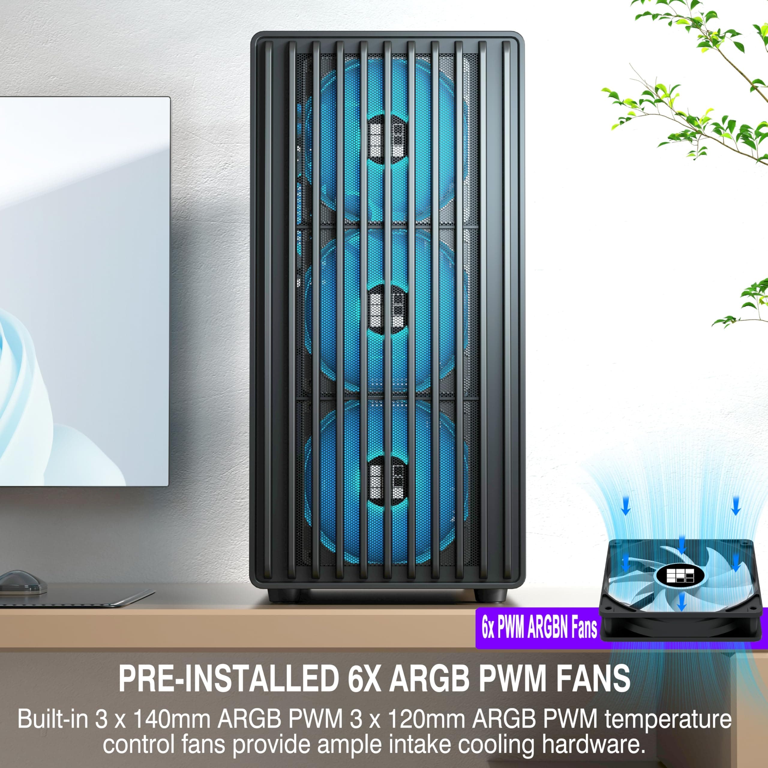 FOIFKIN K6 PC-Gehäuse ATX mit 6 PWM ARGB-Lüftern（3X 140mm und 3X 120mm,Computer Gehäuse Mid-Tower,Hoher Luftstrom,240mm Kühlerunterstützung,ATX-Gehäuse Schwarz,Gaming PC-Gehäuse,Type-C (Schwarz, K6) K6 Schwarz Bild 7