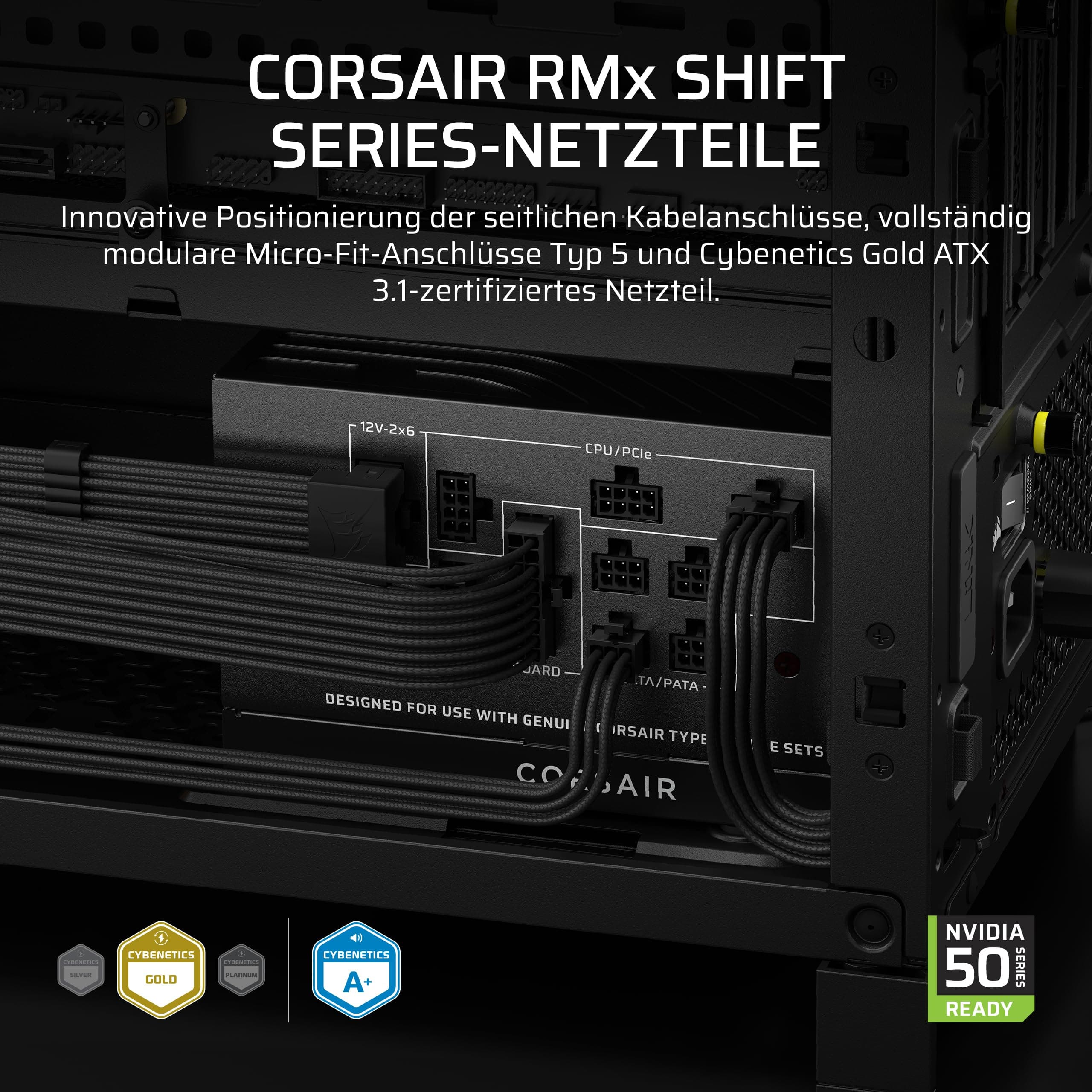CORSAIR RM850x Shift (2025) Vollmodulares ATX-Netzteil – Modulare Seitenschnittstelle, 12-V-2x6-Kabel, ATX 3.1 und PCIe 5.1, Lüftergeschwindigkeit, 105°C-Kondensatoren, Cybenetics Gold – Schwarz 850w Bild 2