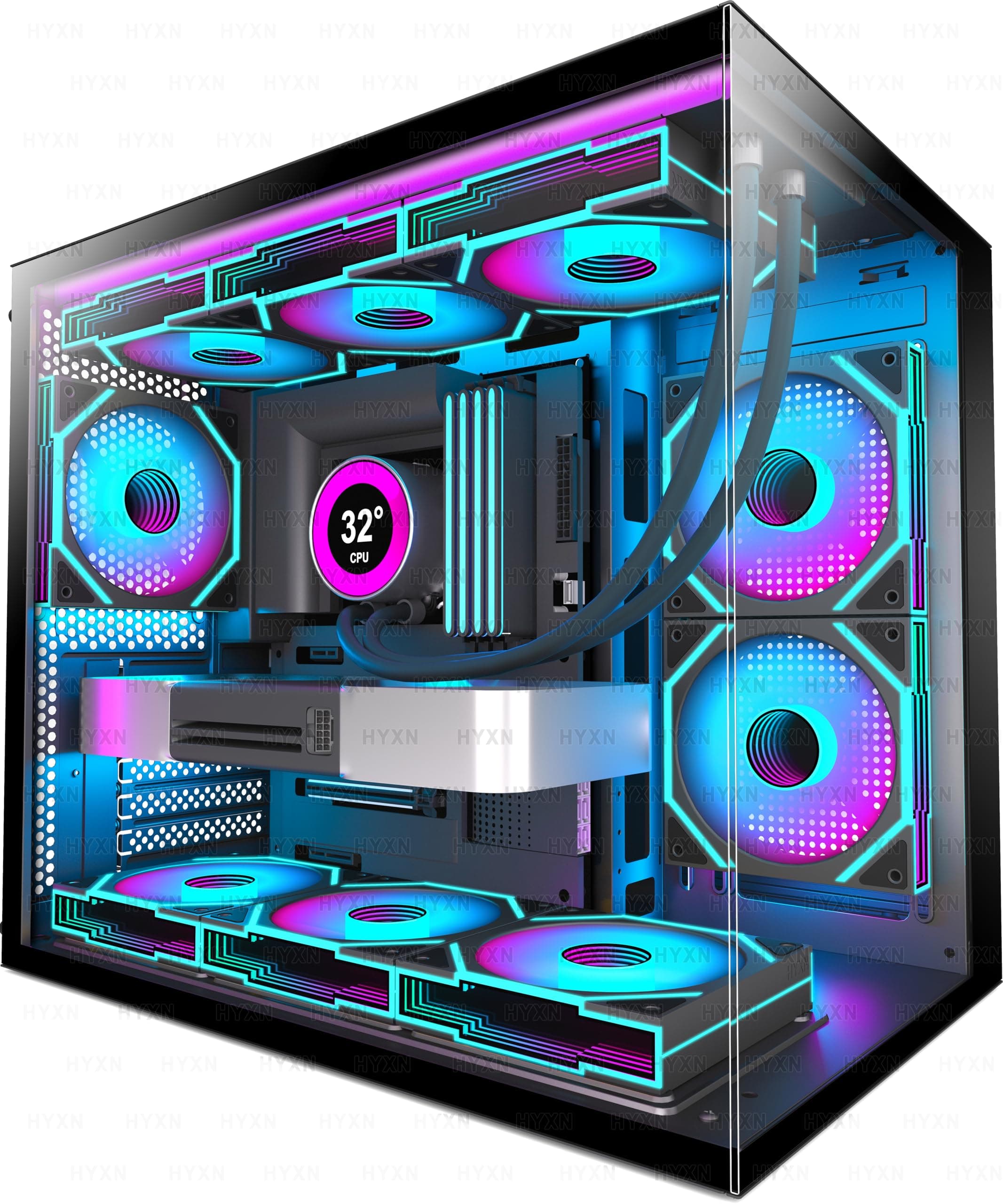 H3(2026) PC Gehäuse ATX – Vorinstalliert mit 6 Infinity Mirror PWM ARGB-Lüftern, Kompakter ATX Dual Kammer Mid Tower Gaming PC Gehäuse, 360MM Rad Unterstützung,mit Type-C 3.2 (Schwarz)