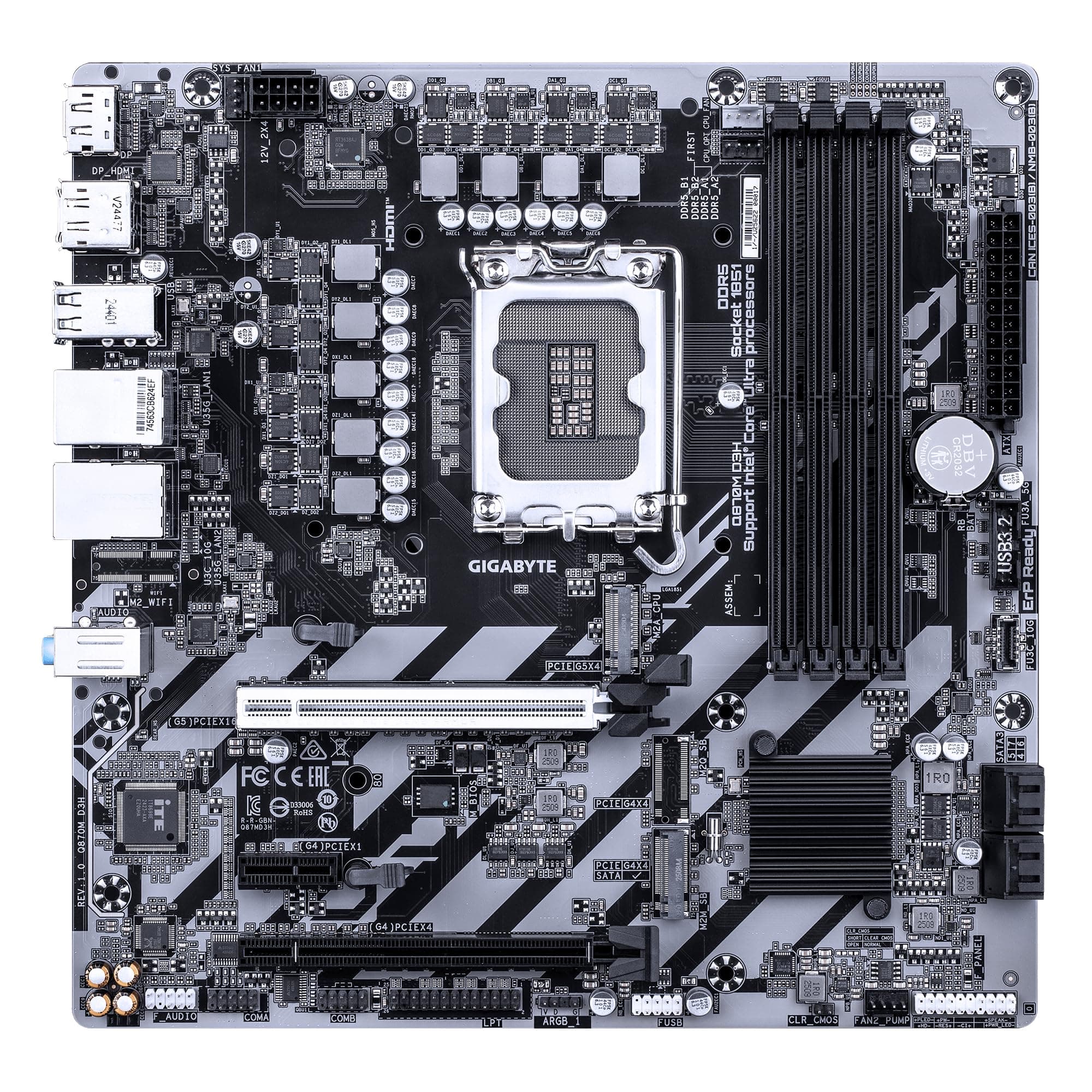 GIGABYTE Q870M D3H Mainboard - Intel Core Ultra (Serie 2) CPUs, 4+1+2 Phasen VRM, bis zu 9066MHz DDR5 (O.C), 2xPCIe 4.0 M.2, 1GbE LAN, USB 3.2 Gen 2 Bild 3