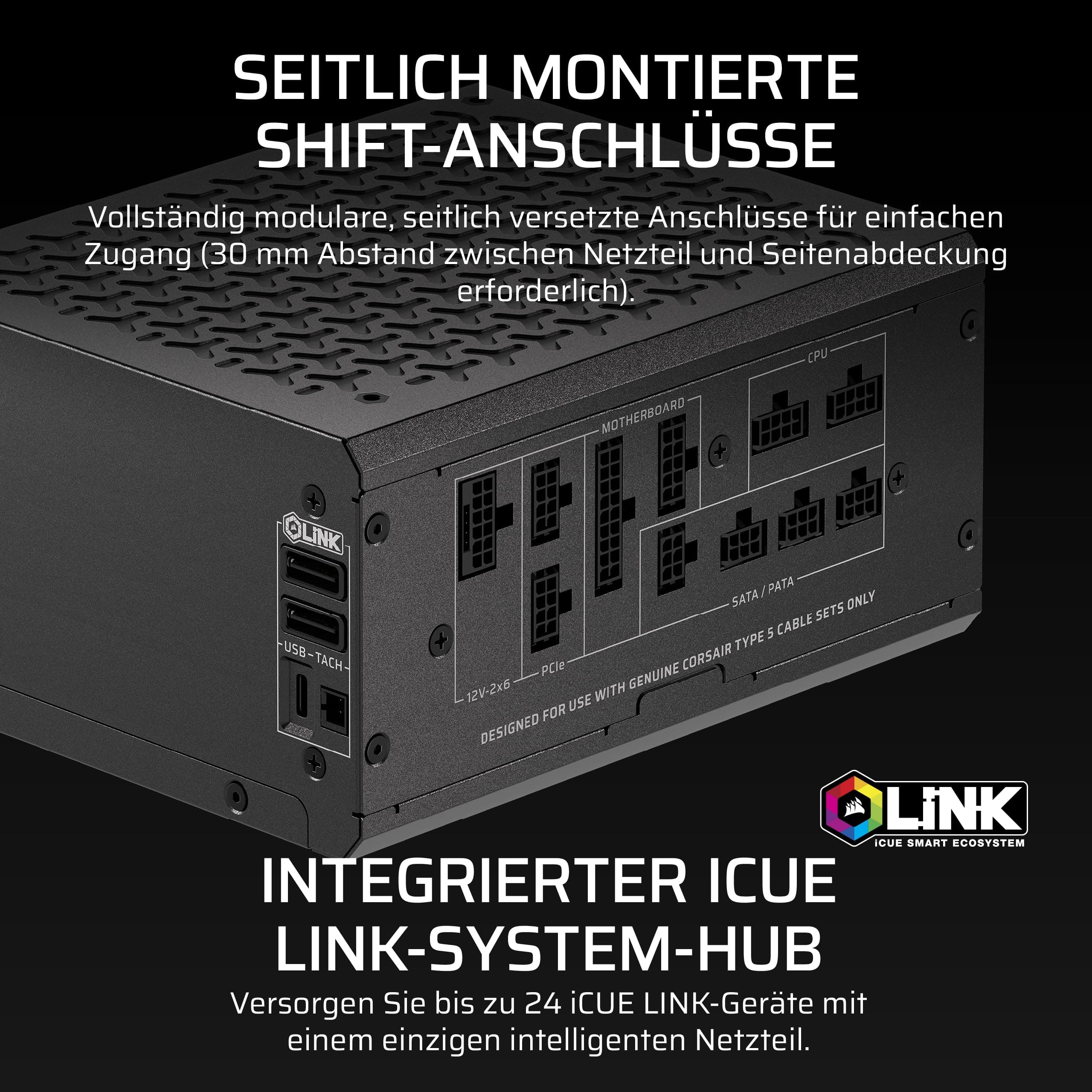 CORSAIR HX1000i Shift Vollständig Modulares ATX-Netzteil – Schwarz | Eingebauter iCUE LINK System Hub, Natives 12V-2x6 Kabel, ATX 3.1 & PCIe 5.1, Seitlich Montierte Stecker, Cybenetics Platinum 1000w Schwarz Bild 7