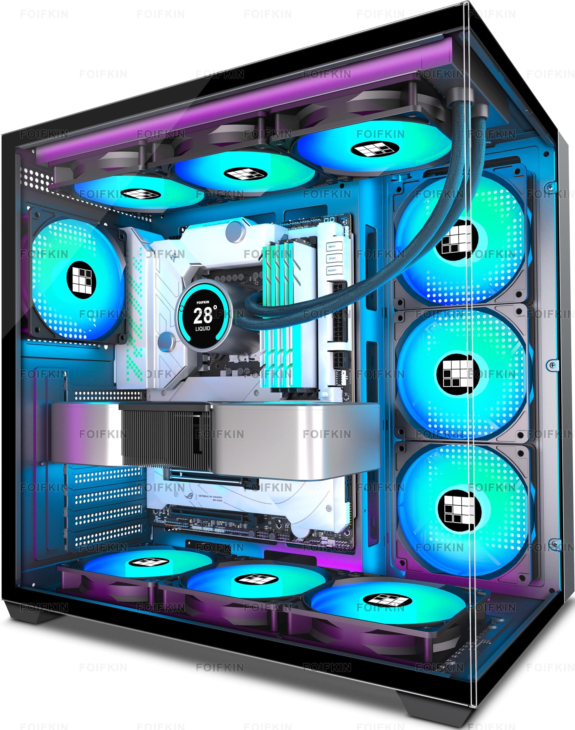 FOIFKIN F300 PC Gehäuse ATX mit 7 PWM ARGB Lüfter,Hoher Luftstrom Mid-Tower Computer Gehäuse,Gaming PC-Gehäuse Big Tower,ATX Gehäuse,mit Type-C,360mm Rad Computergehäuse (Schwarz, F300) Schwarz-1 F300