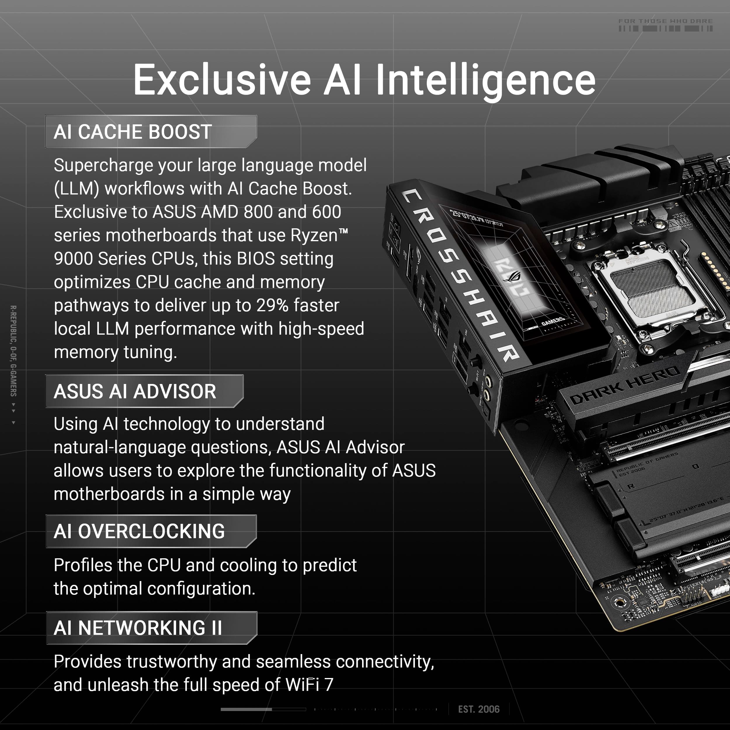 ASUS ROG Crosshair X870E Dark Hero ATX Motherboard, 20 + 2 + 2 Leistungsstufen, DDR5 Steckplätze, PCIe 5.0, fünf M.2 Slots, 3D VC M.2 Kühlkörper, USB4, AI Cache Boost, PCIe Slot Q-Release, AIO Bild 3