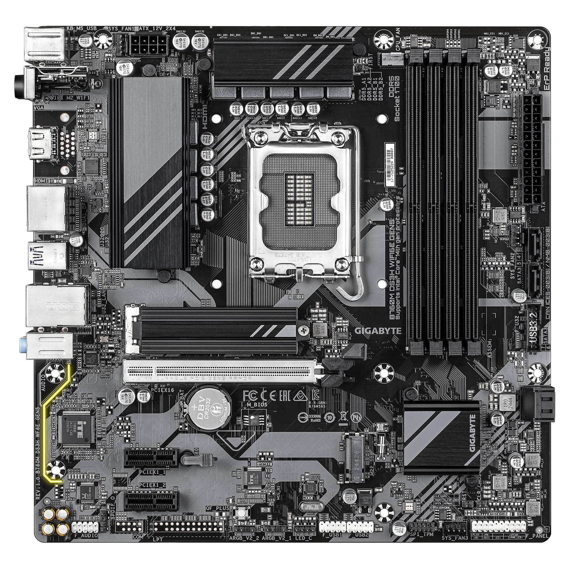 GIGABYTE B760M DS3H WIFI6E GEN5 Mainboard – Unterstützt Intel Core Prozessoren der 14. Generation, 6+2+1 Phasen Digital-VRM, bis zu 5600 MHz DDR5, 2 x PCIe 4.0 M.2, Wi-Fi 6E, 2.5 GbE LAN, USB 3.2 Gen2 Bild 3