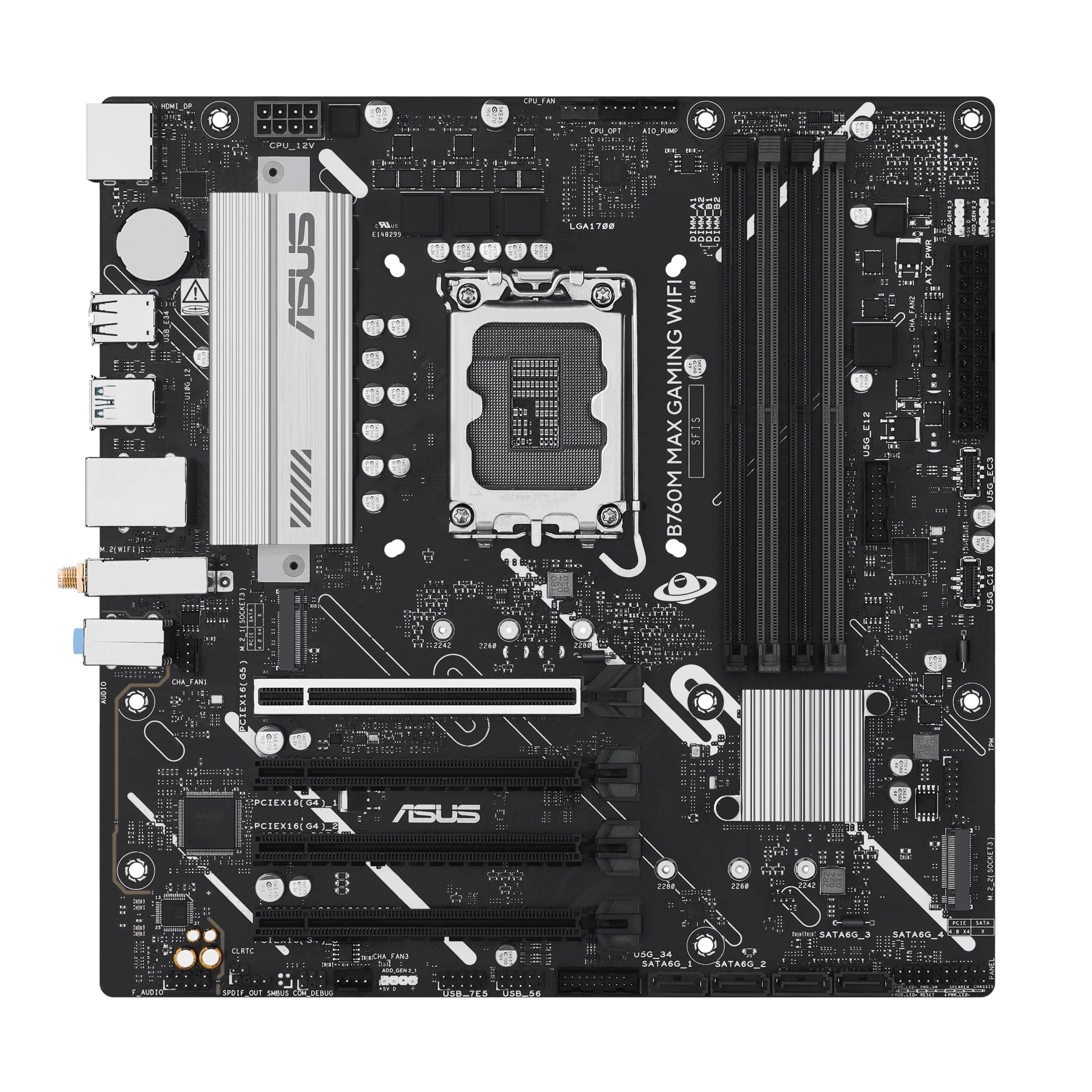 ASUS B760M MAX Gaming WiFi Intel B760 (LGA 1700) mATX Motherboard, Advanced AI PC-Ready, PCIe 5.0 x16, DDR5, 3X M.2, Wi-Fi 6, DisplayPort, HDMI, SATA, USB 10Gbps Type-A, USB 5Gbps Type-C, Aura Sync Bild 3