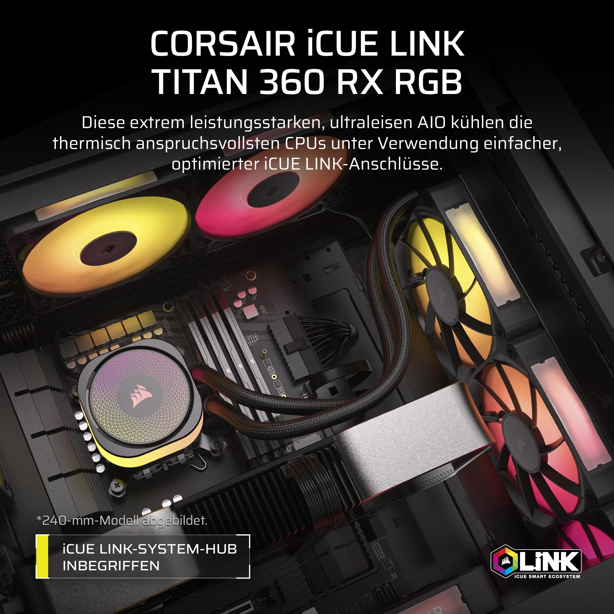 CORSAIR iCUE LINK TITAN 360 RX RGB Flüssig-CPU-Kühler – Schwarz | 360mm AIO, 3x RX120 RGB-Lüfter Inklusive, Geeignet Für Intel LGA 1851/1700, AMD AM5/AM4, Inklusive iCUE LINK System Hub Bild 5