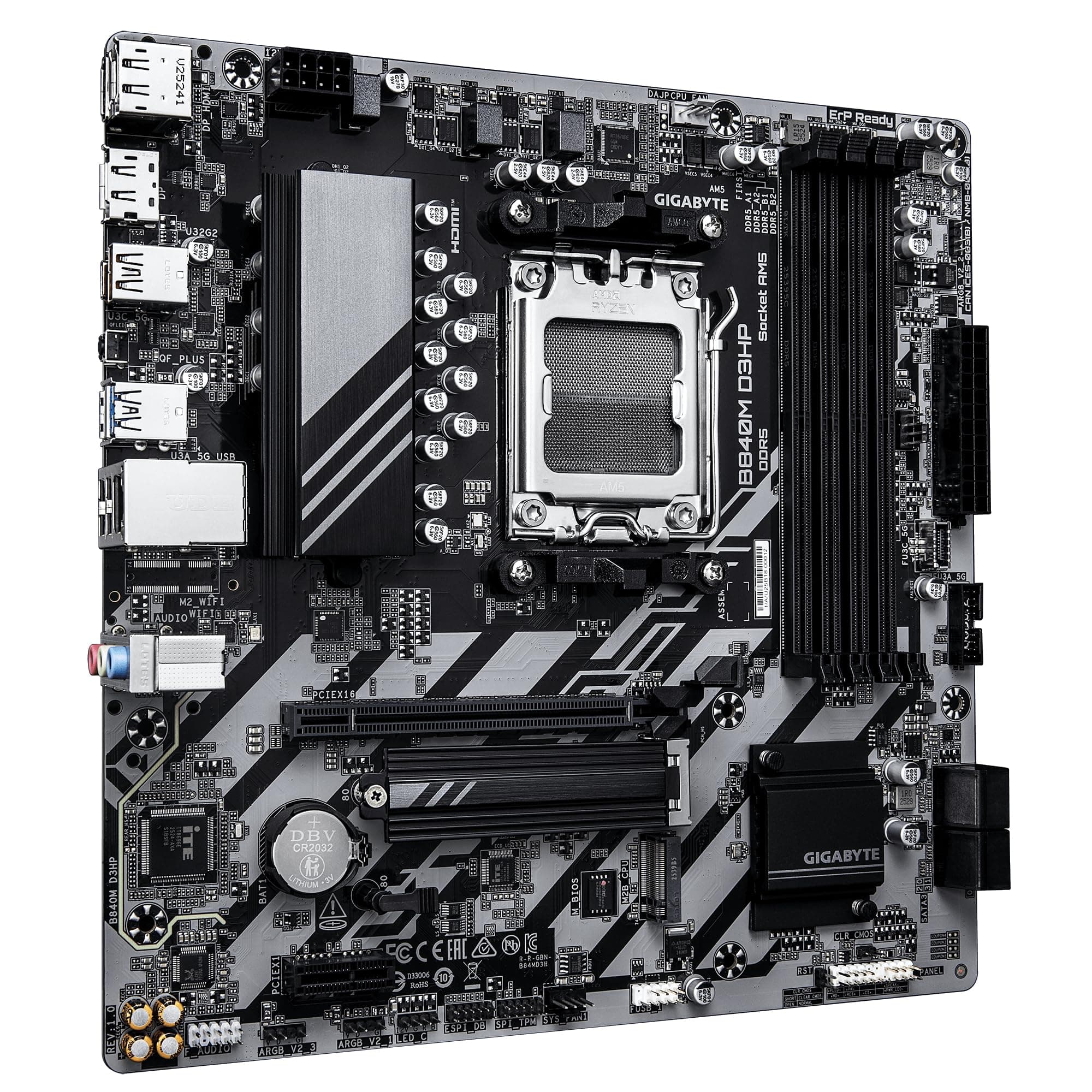 GIGABYTE B840M D3HP Mainboard – AMD Ryzen 9000 CPUs, 8+2+2-Phasen-VRM, bis zu 8200 MHz DDR5 (O.C.), 2× PCIe-4.0-M.2, 1-GbE-LAN, USB 3.2 Gen 2 Bild 5