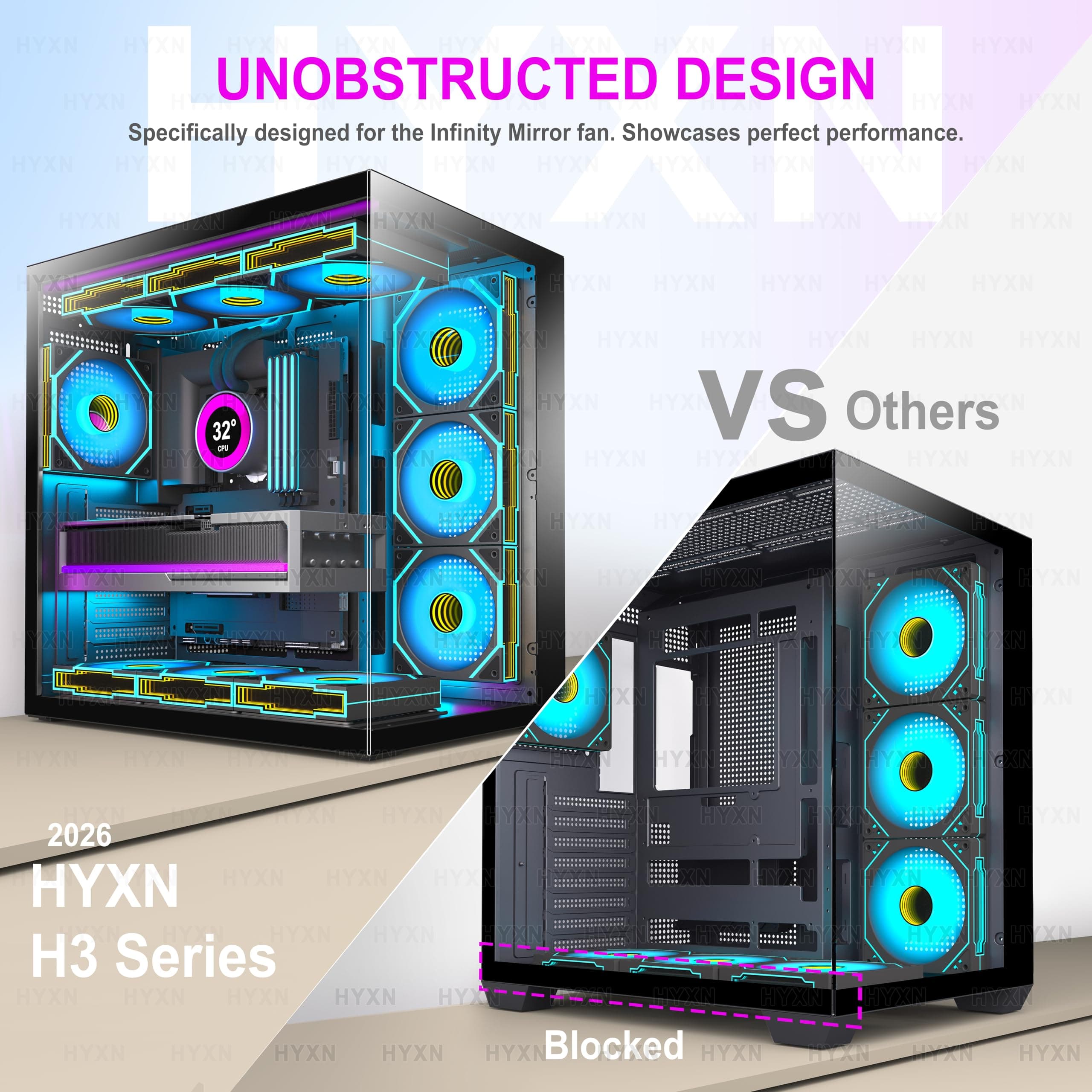 H1 ATX PC Gehäuse – Vorinstallierte 7 Infinity Mirror PWM ARGB Lüfter, Dual Kammer Mid Tower Gaming PC Gehäuse, mit Type-C, gleichzeitige Installation von 3X 360 mm Kühler (schwarz-M, H1) H1 schwarz-M Bild 3