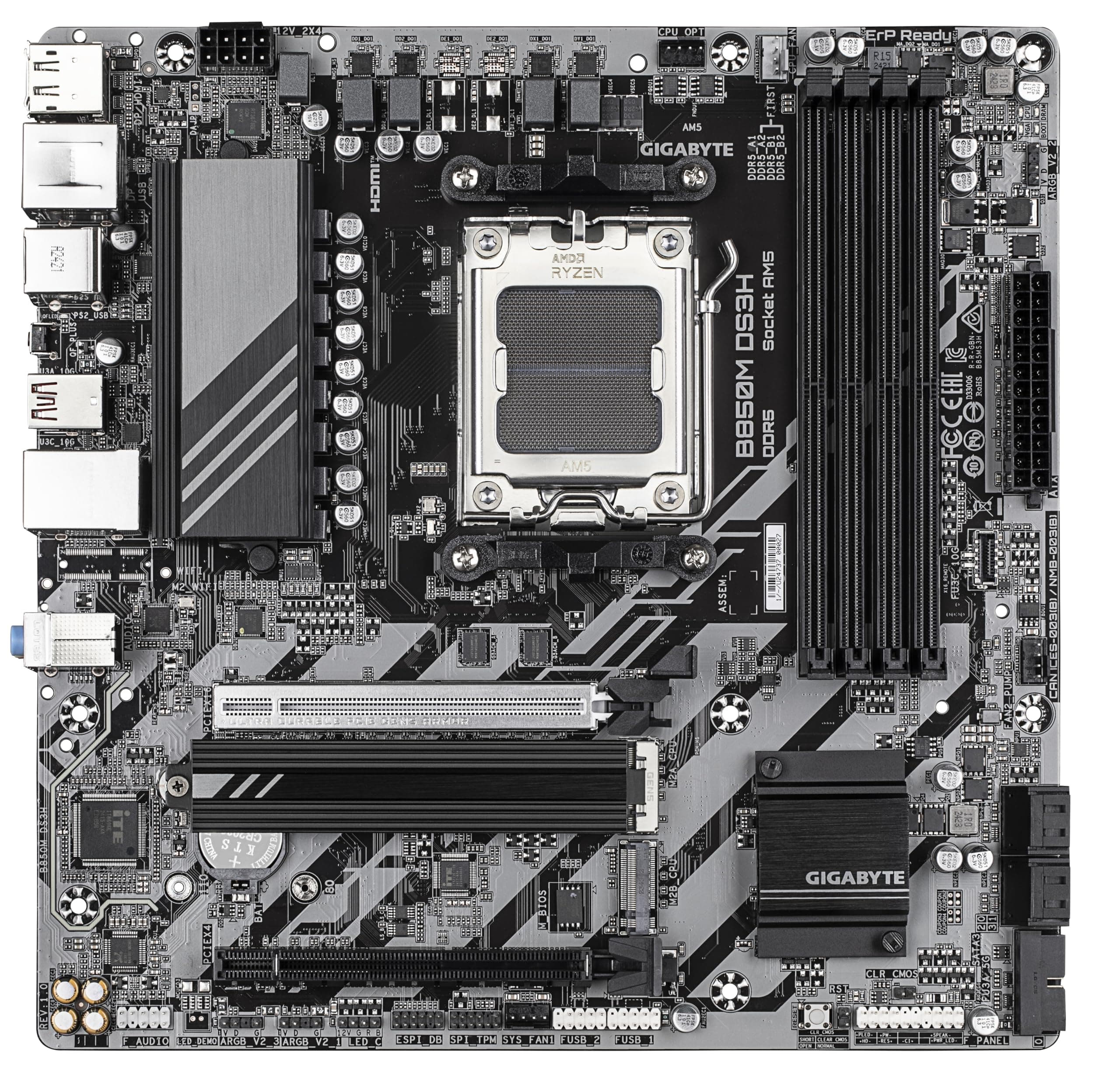 GIGABYTE B850M DS3H Motherboard - AMD Ryzen 9000 Series CPUs, 16+2+2 Phasen Digital VRM, bis zu 8200MHz DDR5 (OC), 1xPCIe 5.0 + 1xPCIe 4.0 M.2, 2.5 LAN, USB 3.2 Gen 2 Bild 3
